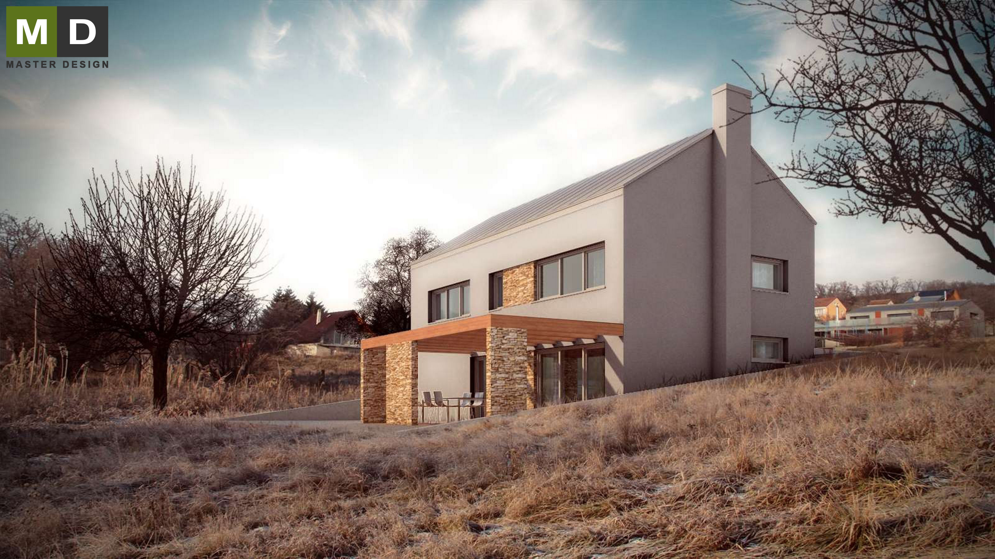 Low-cost wooden structure house planted on a slopeTuchoměřice u Prahy - visualisation3 Low-cost wooden structure house planted on a slopeTuchoměřice u Prahy - visualisation3