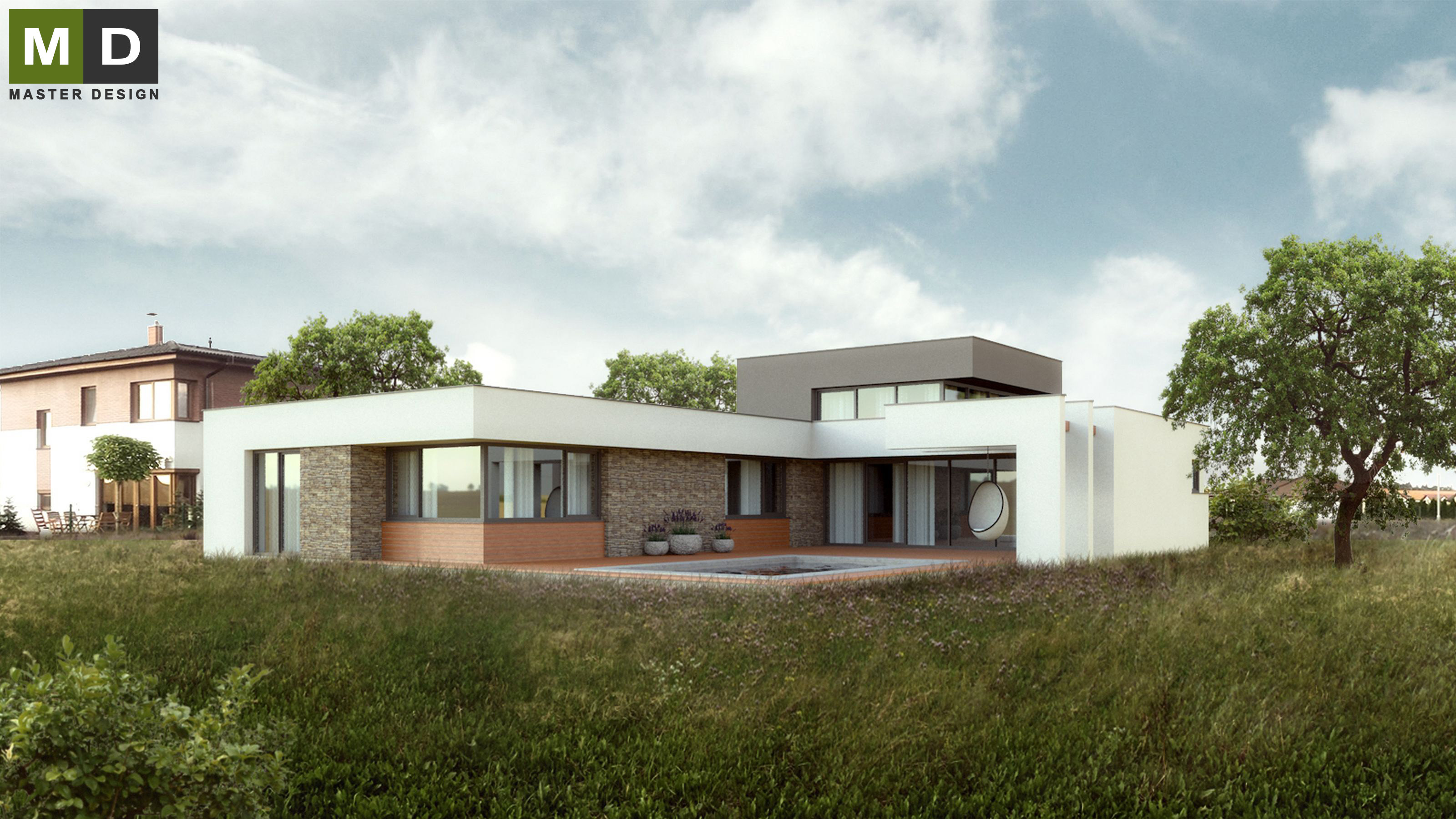 Nízkoenergetický bungalov s plochou střechouOsnice - vizualizace3