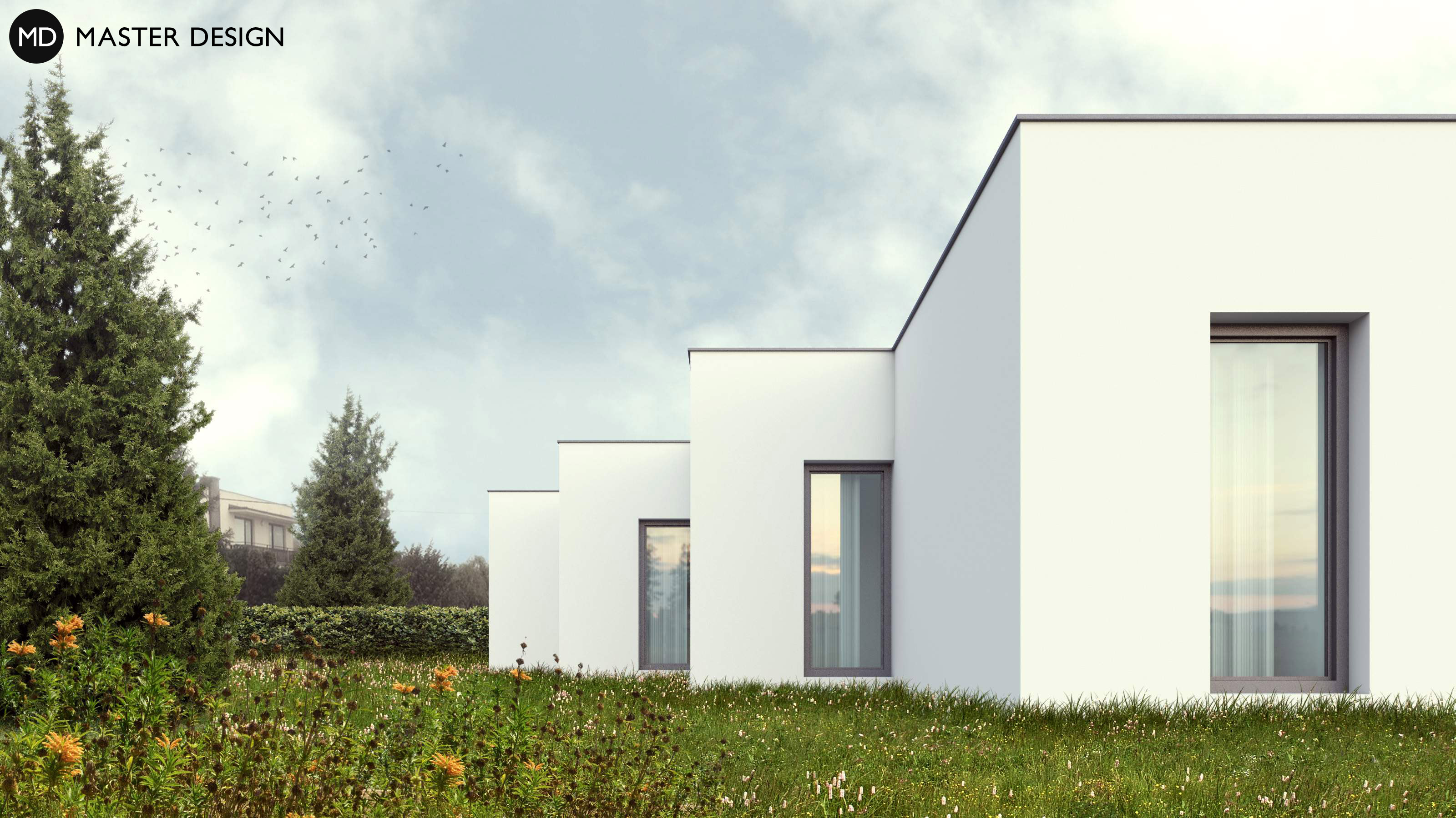 Vizualizace 3 - Bílý bungalov se zaobleným střešním přesahem - Děhylov u Ostravy Vizualizace 3 - Bílý bungalov se zaobleným střešním přesahem - Děhylov u Ostravy