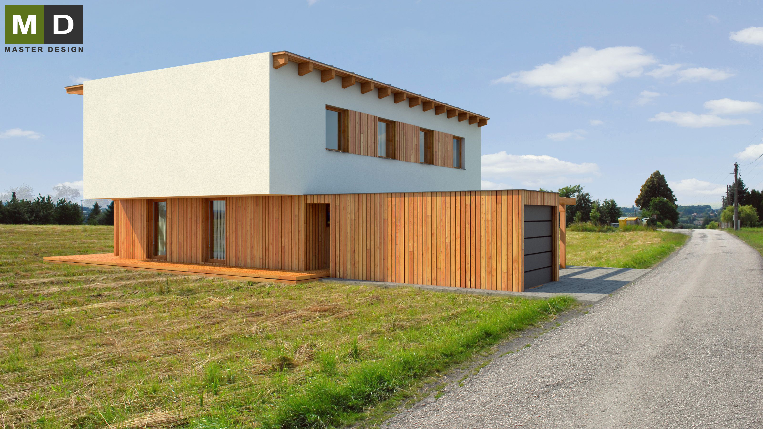 Vizualizace 1 - Bílý nízkoenergetický dům s garáží obloženou dřevem - Developerský projekt