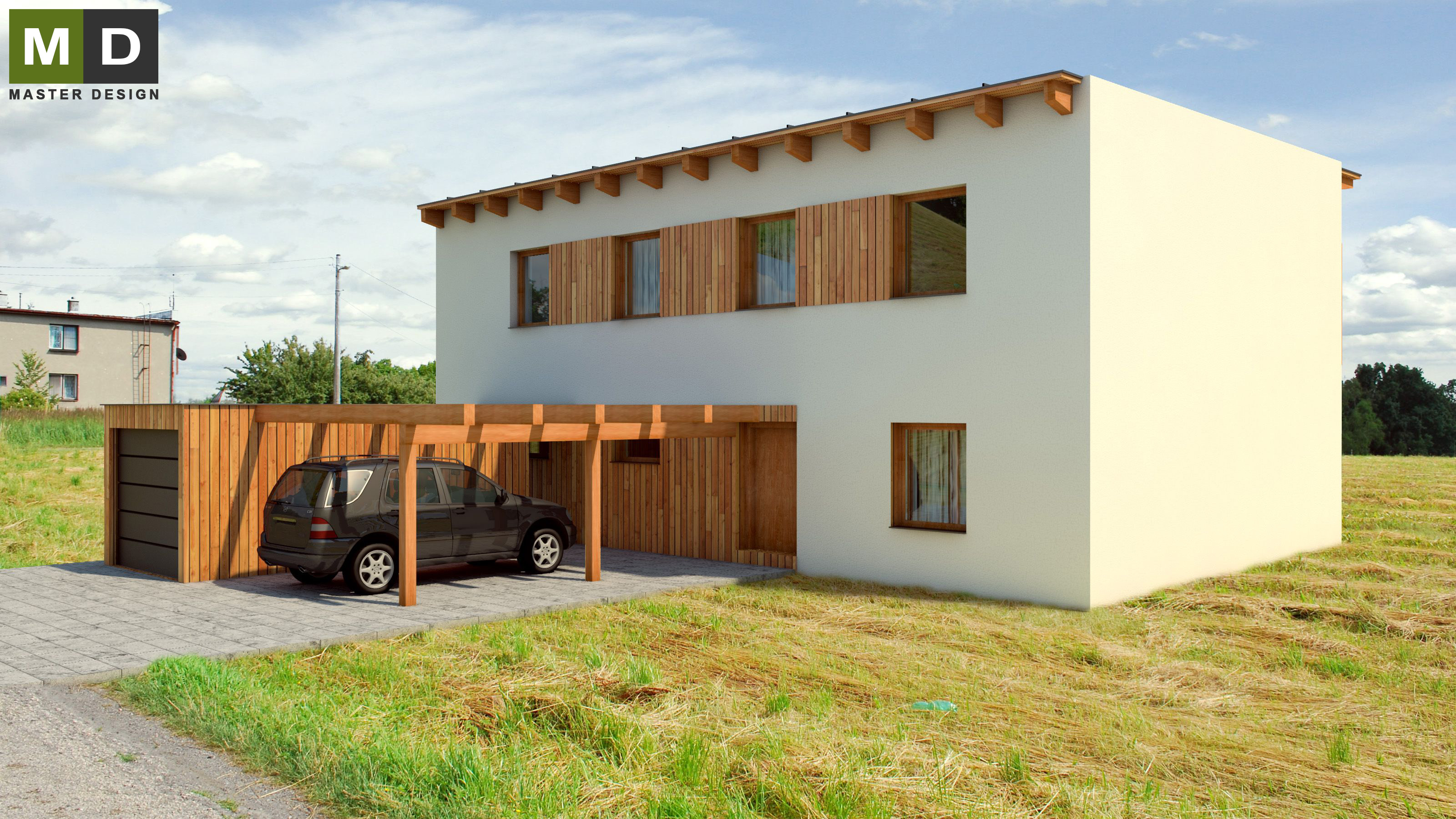 Vizualizace 2 - Bílý nízkoenergetický dům s garáží obloženou dřevem - Developerský projekt