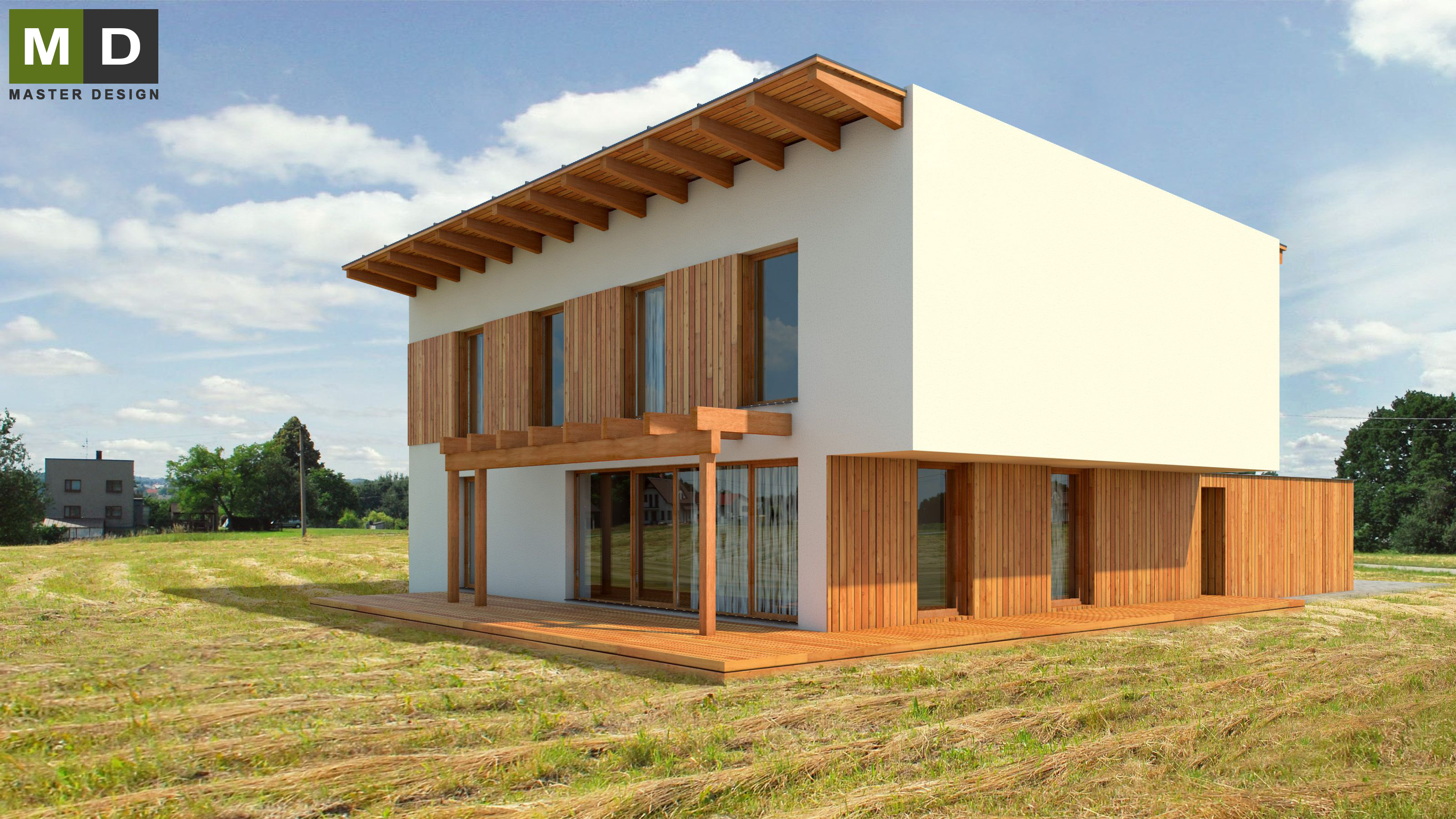 Vizualizace 3 - Bílý nízkoenergetický dům s garáží obloženou dřevem - Developerský projekt