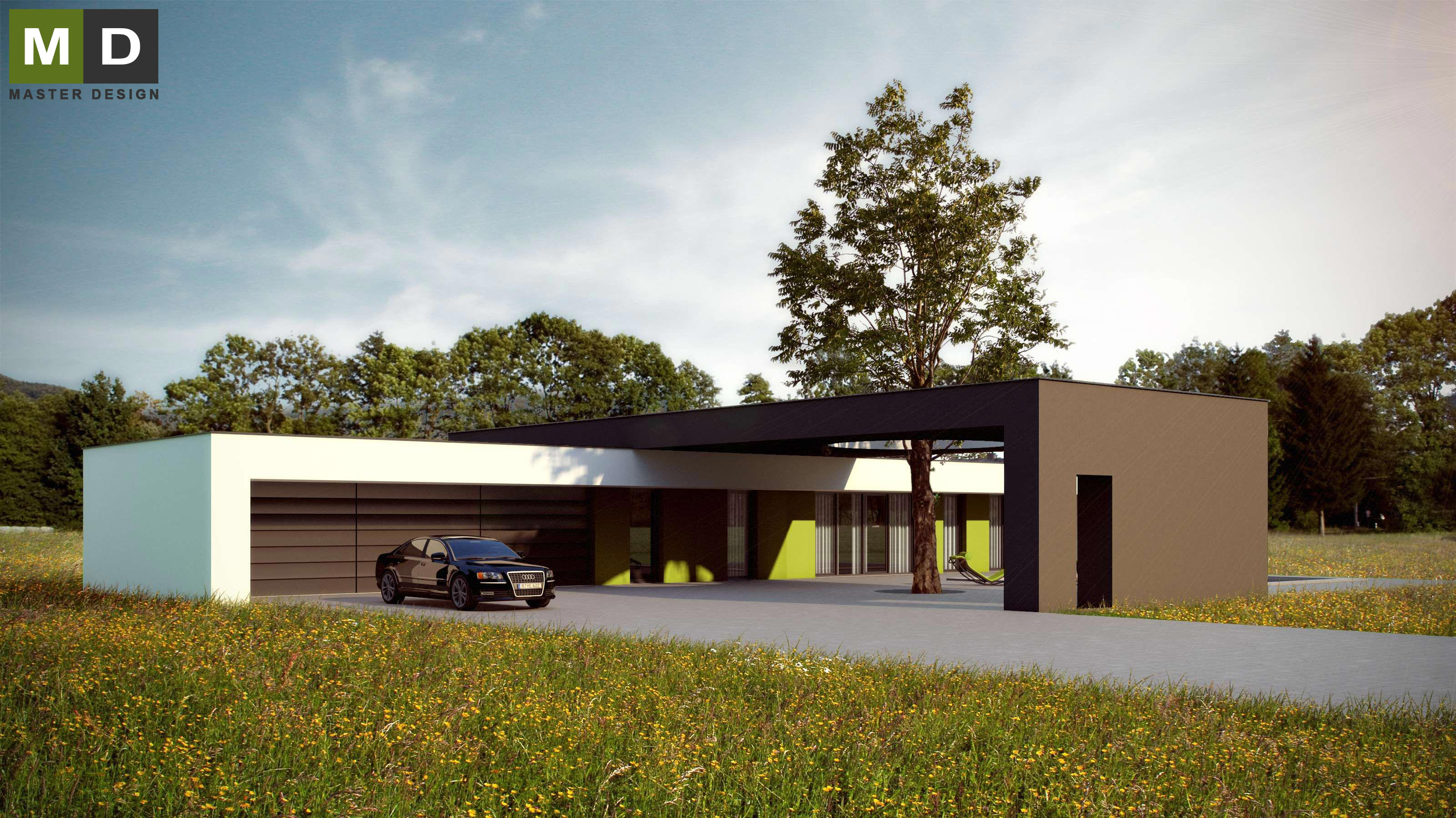 Vizualizace 1 - Nízkoenergetický bungalov do T s plochou střechou a bazénem - Kolín Vizualizace 1 - Nízkoenergetický bungalov do T s plochou střechou a bazénem - Kolín