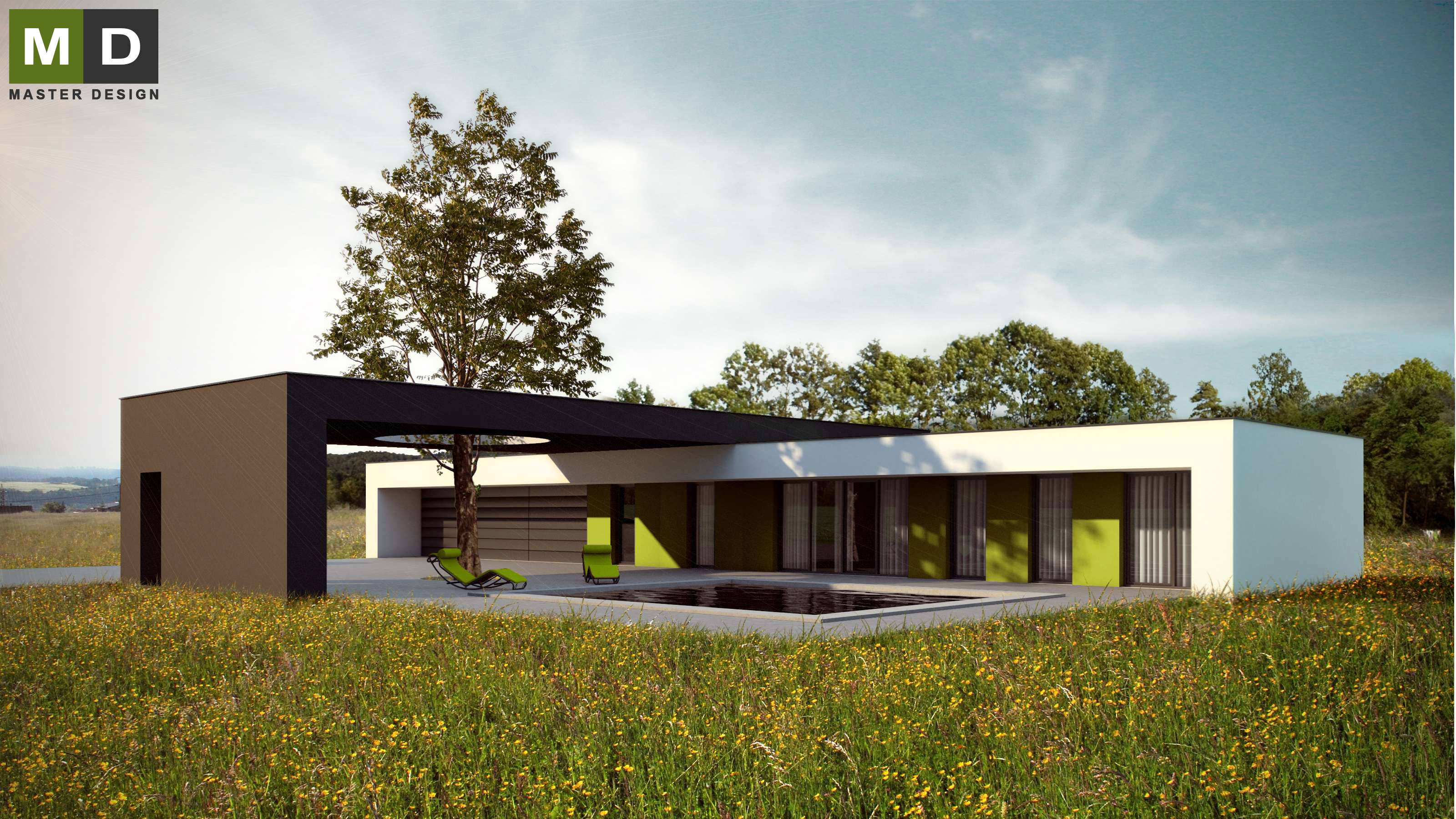 Vizualizace 2 - Nízkoenergetický bungalov do T s plochou střechou a bazénem - Kolín Vizualizace 2 - Nízkoenergetický bungalov do T s plochou střechou a bazénem - Kolín