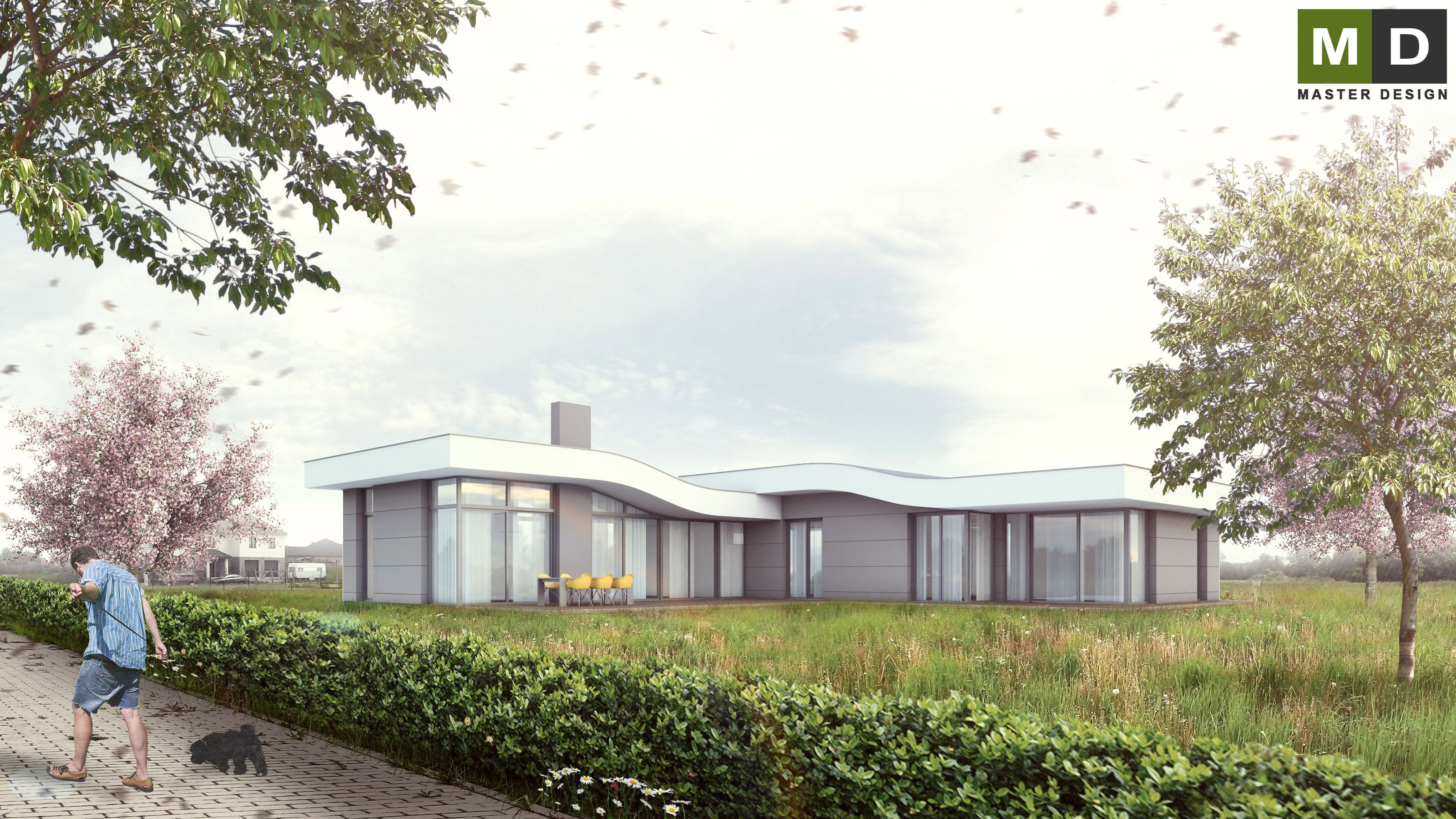 Vizualizace 1 - Dřevostavba bungalovu do L s šedým obkladem - Stránčice Vizualizace 1 - Dřevostavba bungalovu do L s šedým obkladem - Stránčice