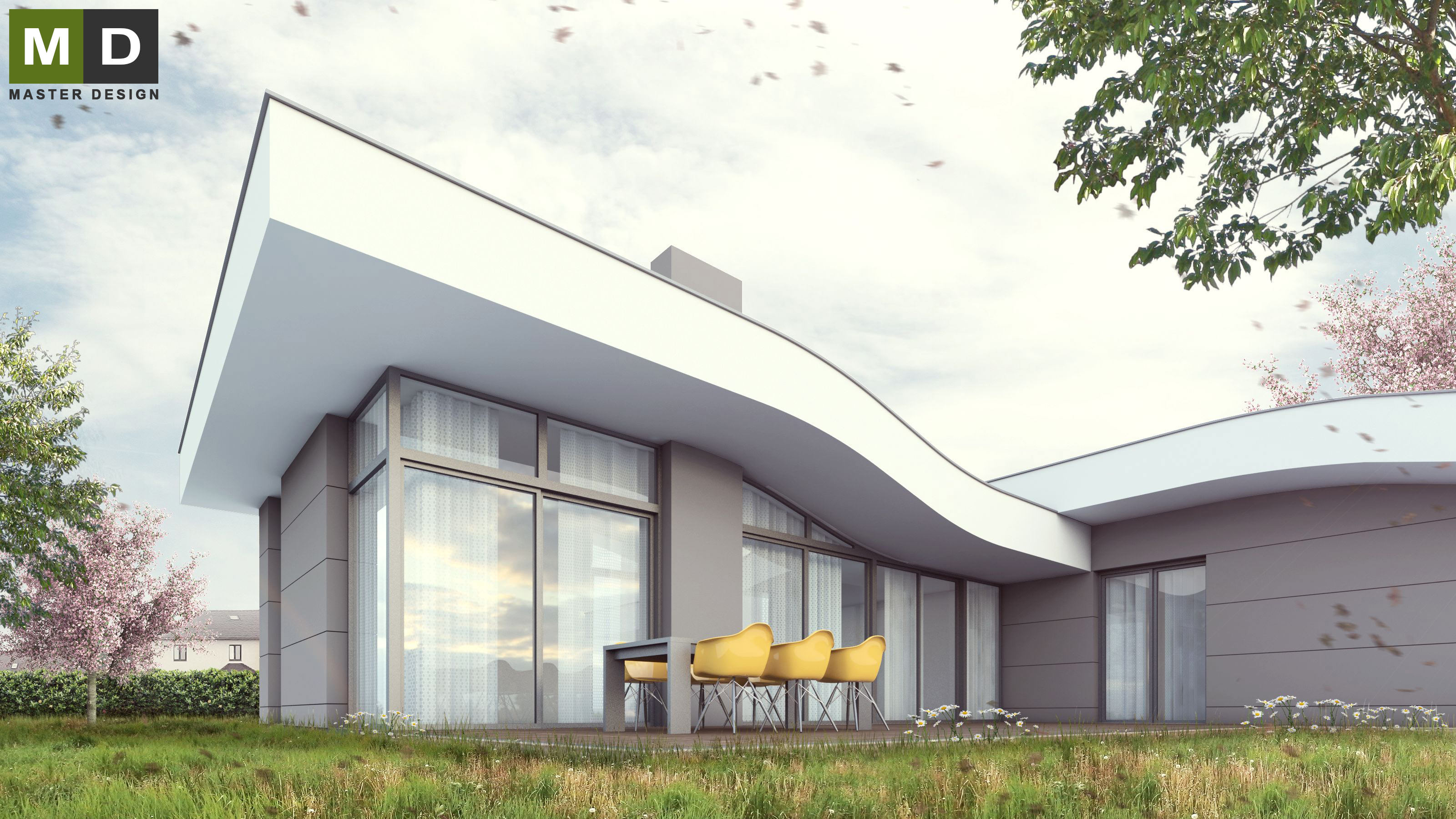 Vizualizace 4 - Dřevostavba bungalovu do L s šedým obkladem - Stránčice Vizualizace 4 - Dřevostavba bungalovu do L s šedým obkladem - Stránčice