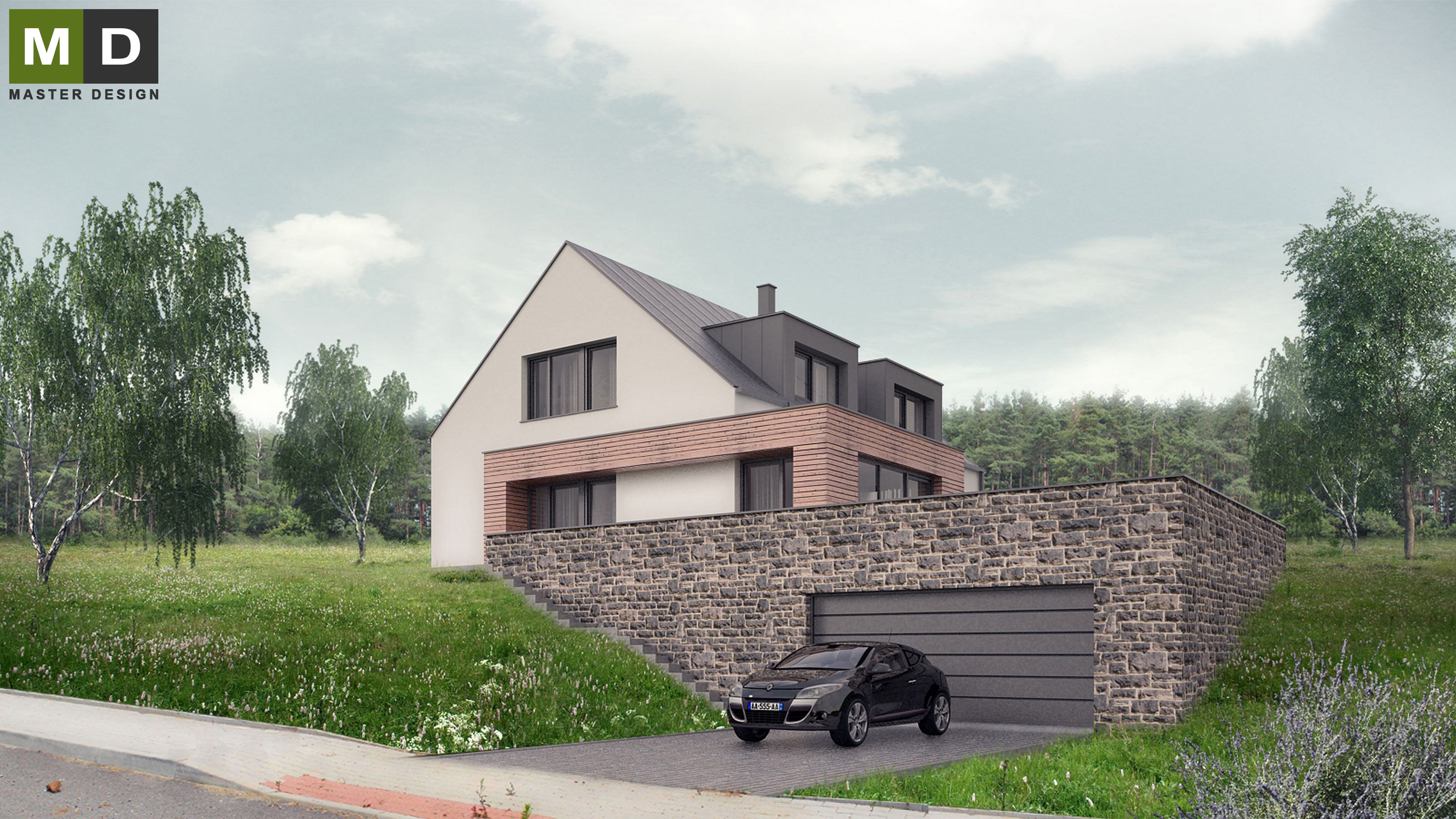 Vizualizace 4 - Nízkoenergetický dům ve svahu se sedlovou střechou - Hýskov u Berouna Vizualizace 4 - Nízkoenergetický dům ve svahu se sedlovou střechou - Hýskov u Berouna