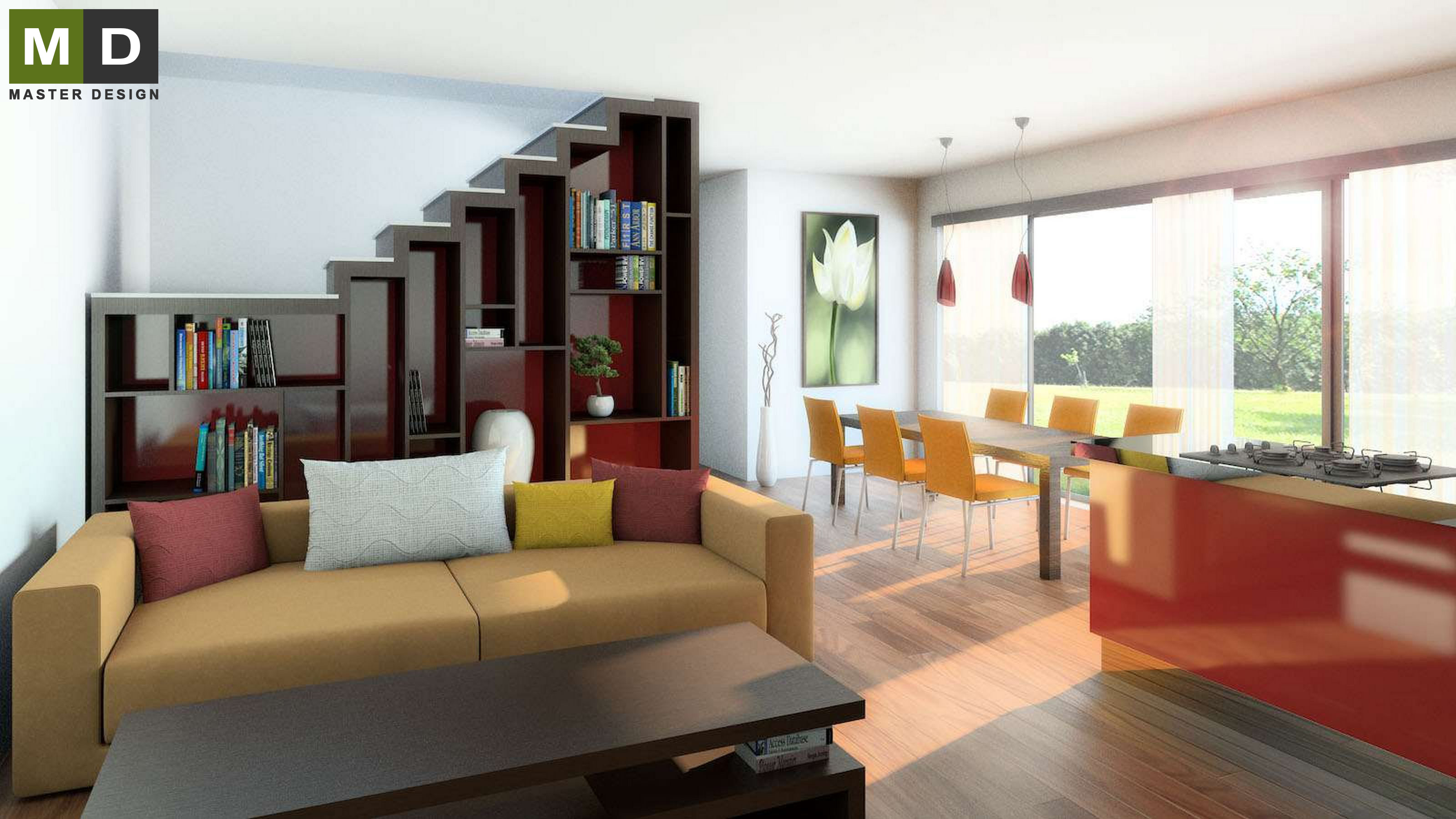 Vizualizace 1 - Interiér obývacího pokoje se schodištěm - Developer ze Švýcarska