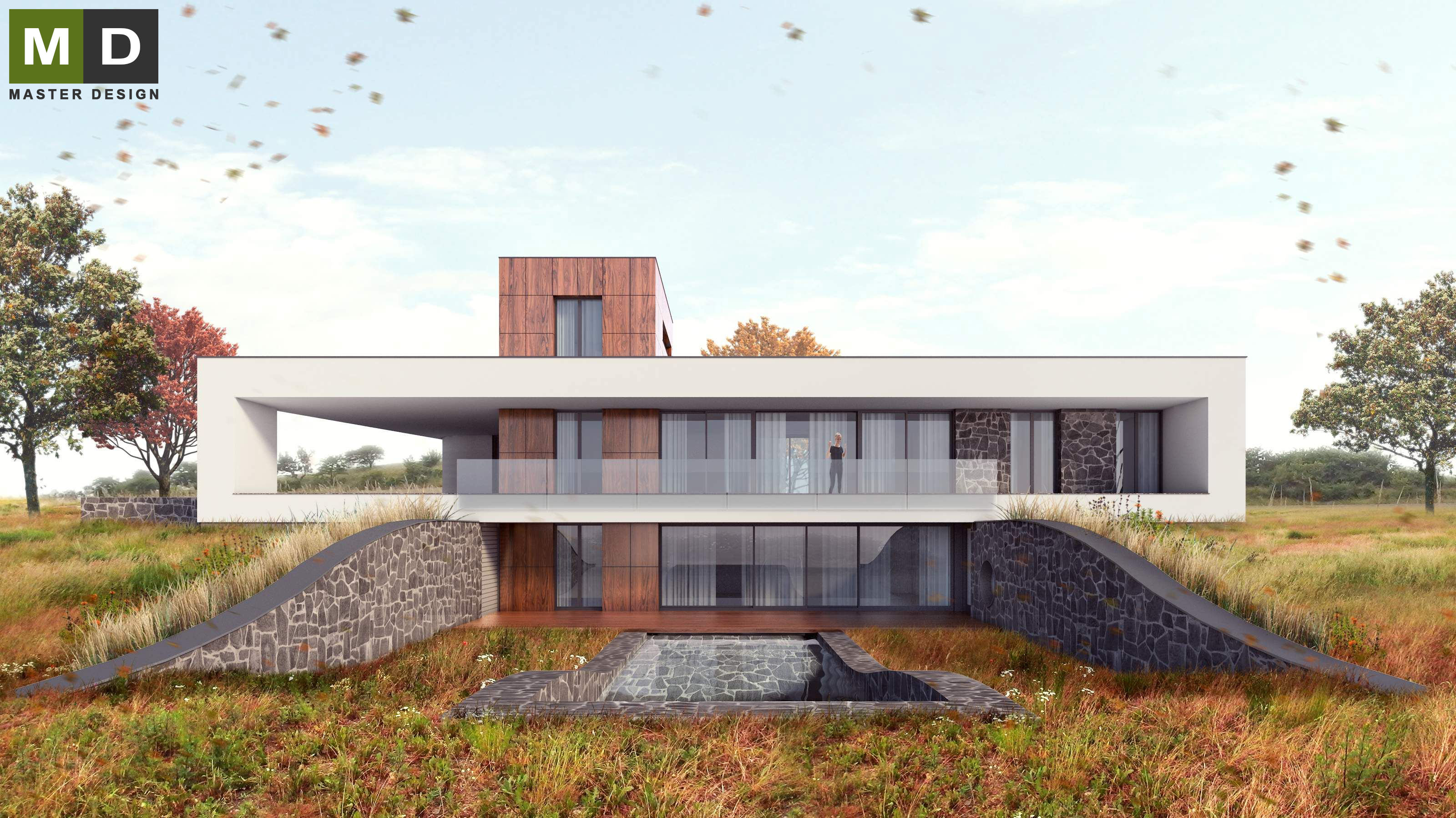 Vizualizace 1 - Luxusní atypický dům pro sportovce ve svahu s átriem a zelenou střechou - Hořovice
