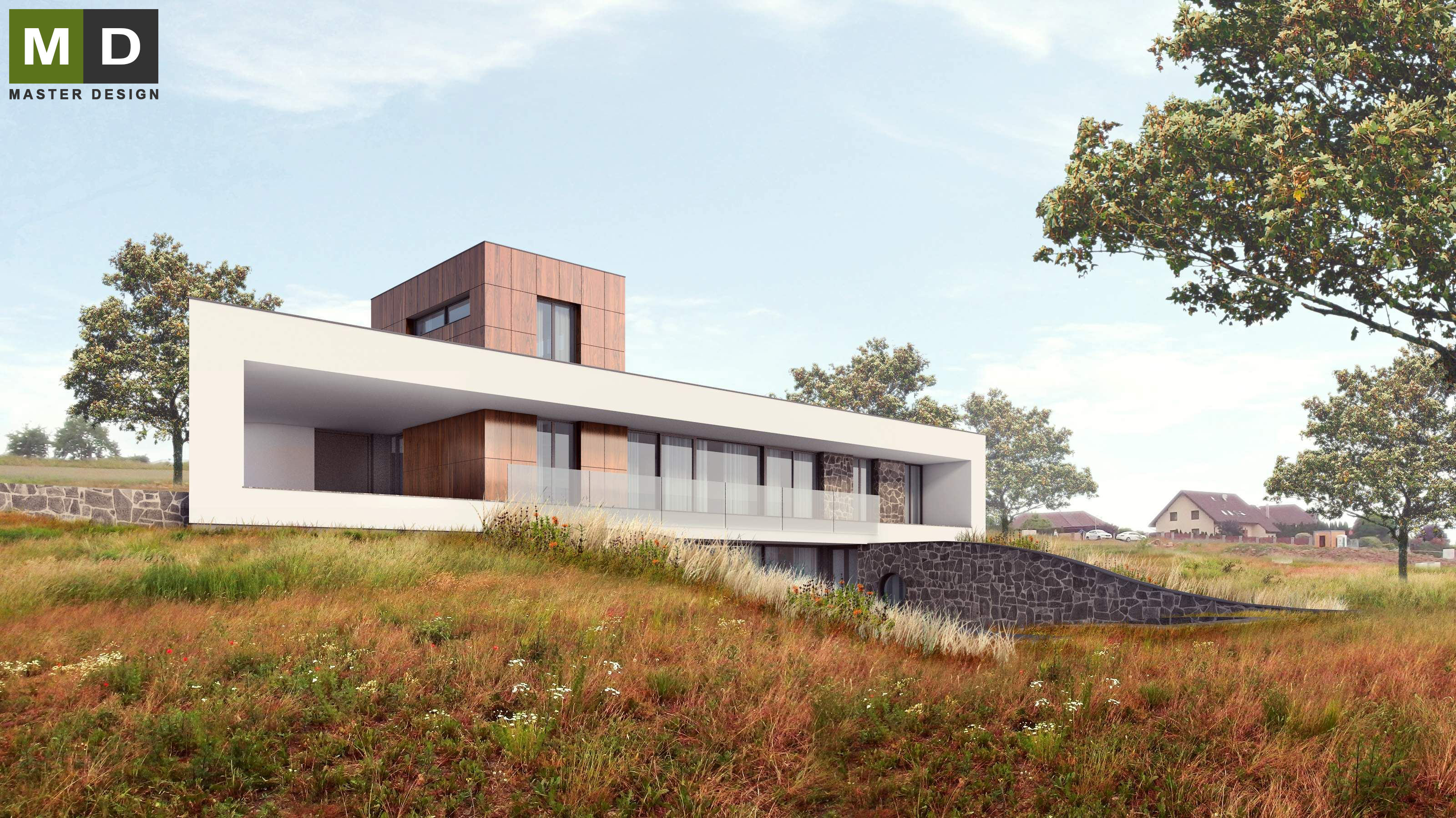 Vizualizace 3 - Luxusní atypický dům pro sportovce ve svahu s átriem a zelenou střechou - Hořovice
