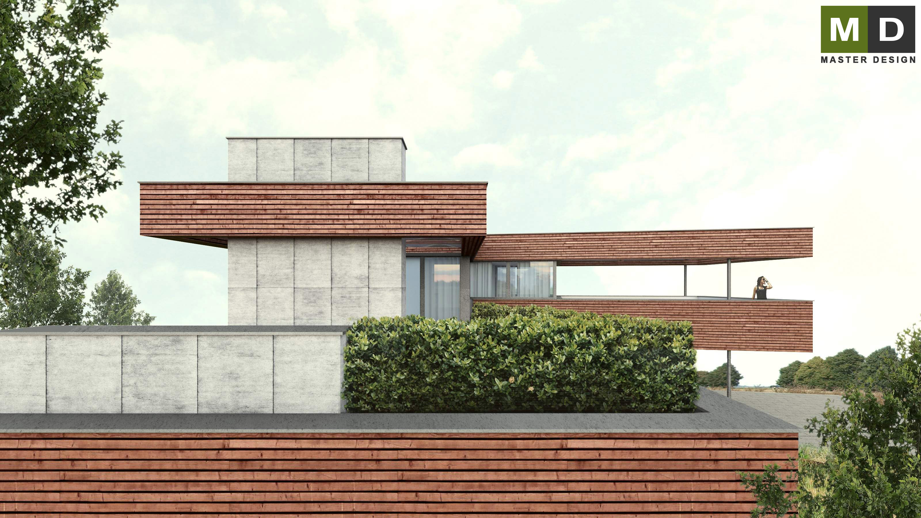 Vizualizace 4 - Luxusní dům do L s dřevěným obkladem a pohledovým betonem - Máslovice u Prahy