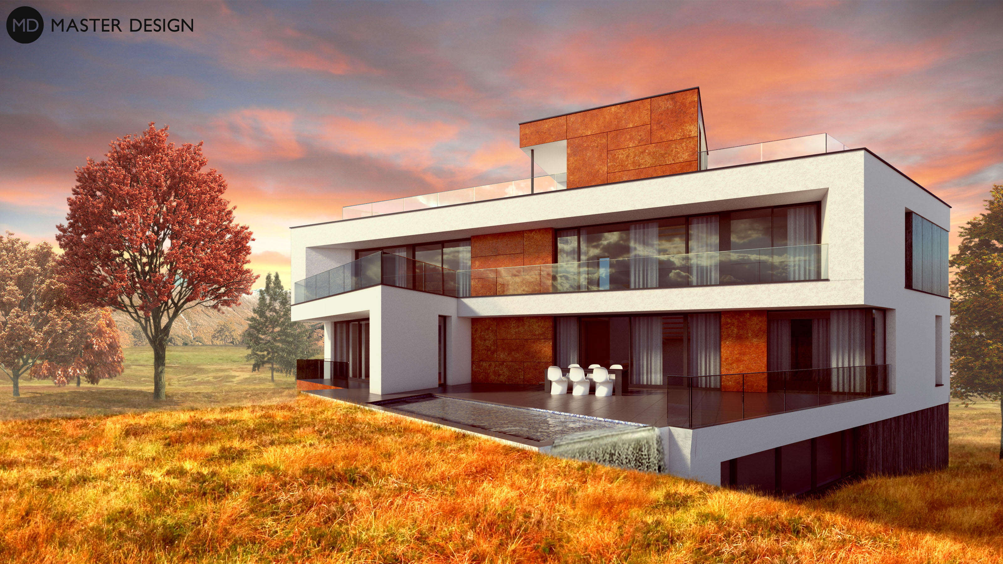 Vizualizace 3 - Luxusní vícepatrová vila v terénu s wellness suterénem a dvěma party terasami - Řeporyje u Prahy Vizualizace 3 - Luxusní vícepatrová vila v terénu s wellness suterénem a dvěma party terasami - Řeporyje u Prahy