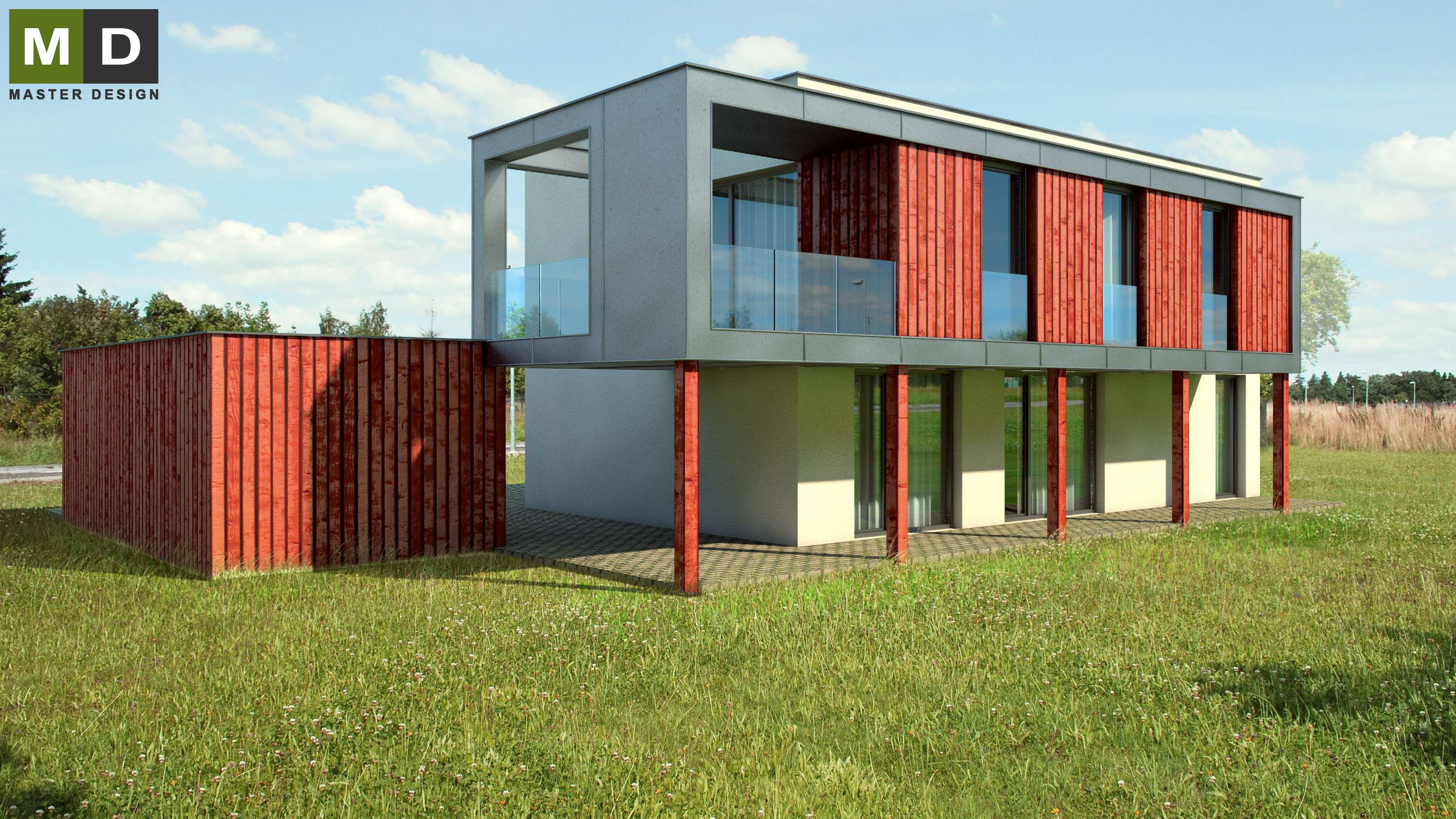 Vizualizace 1 - Patrová nízkoenergetická dřevostavba s krytou terasou - Developerský projekt do Švýcarska