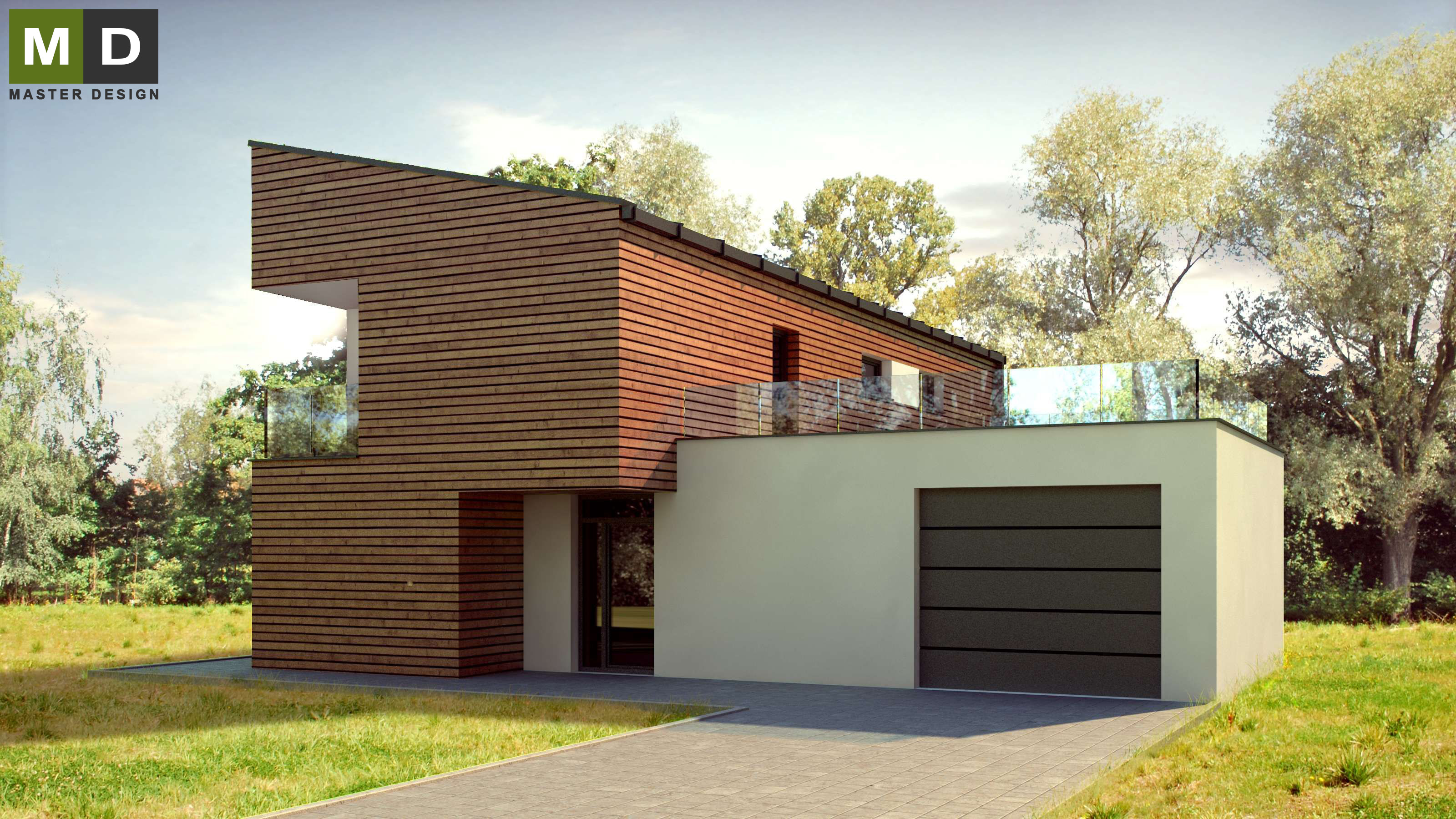 Vizualizace 1 - Pasivní dům s pultovou střechou a dřevěným obkladem - Developerský projekt do Švýcarska