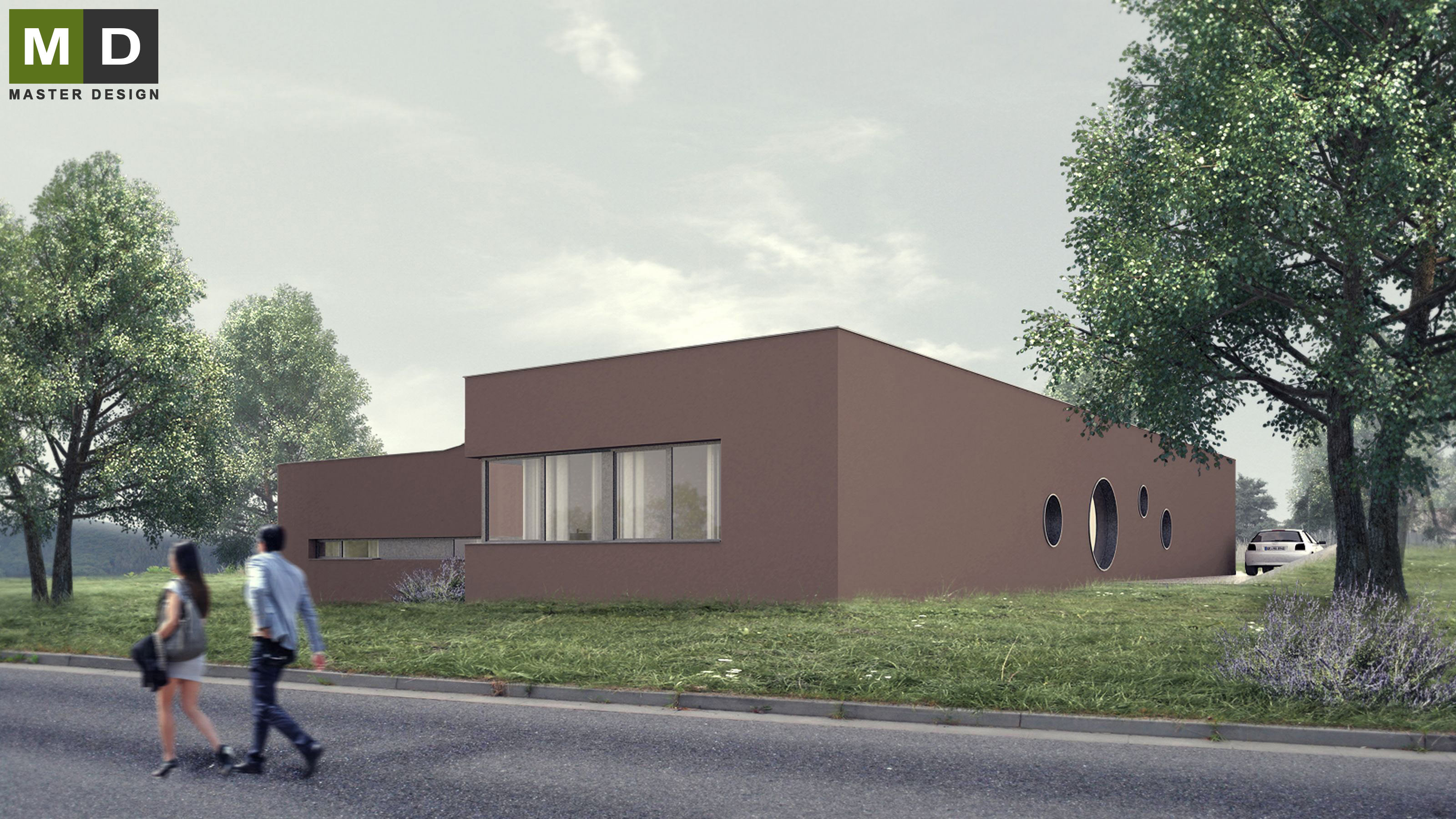 Vizualizace 4 - Bungalov ve svahu do L s garáží a plochou střechou - Černošice Vizualizace 4 - Bungalov ve svahu do L s garáží a plochou střechou - Černošice