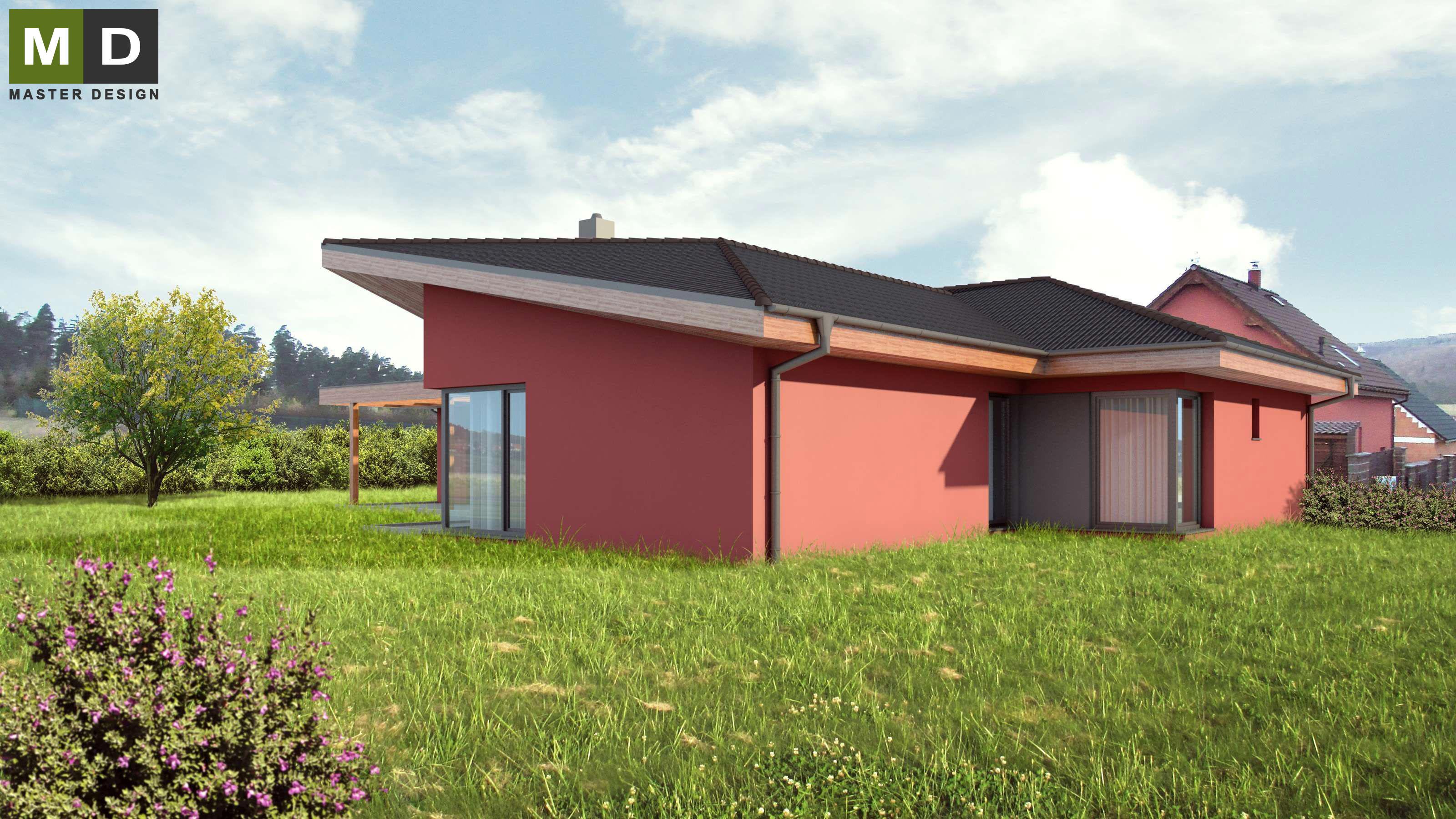 Vizualizace 3 - Bungalov do L s garáží a valbovou střechou - Kanice u Brna Vizualizace 3 - Bungalov do L s garáží a valbovou střechou - Kanice u Brna