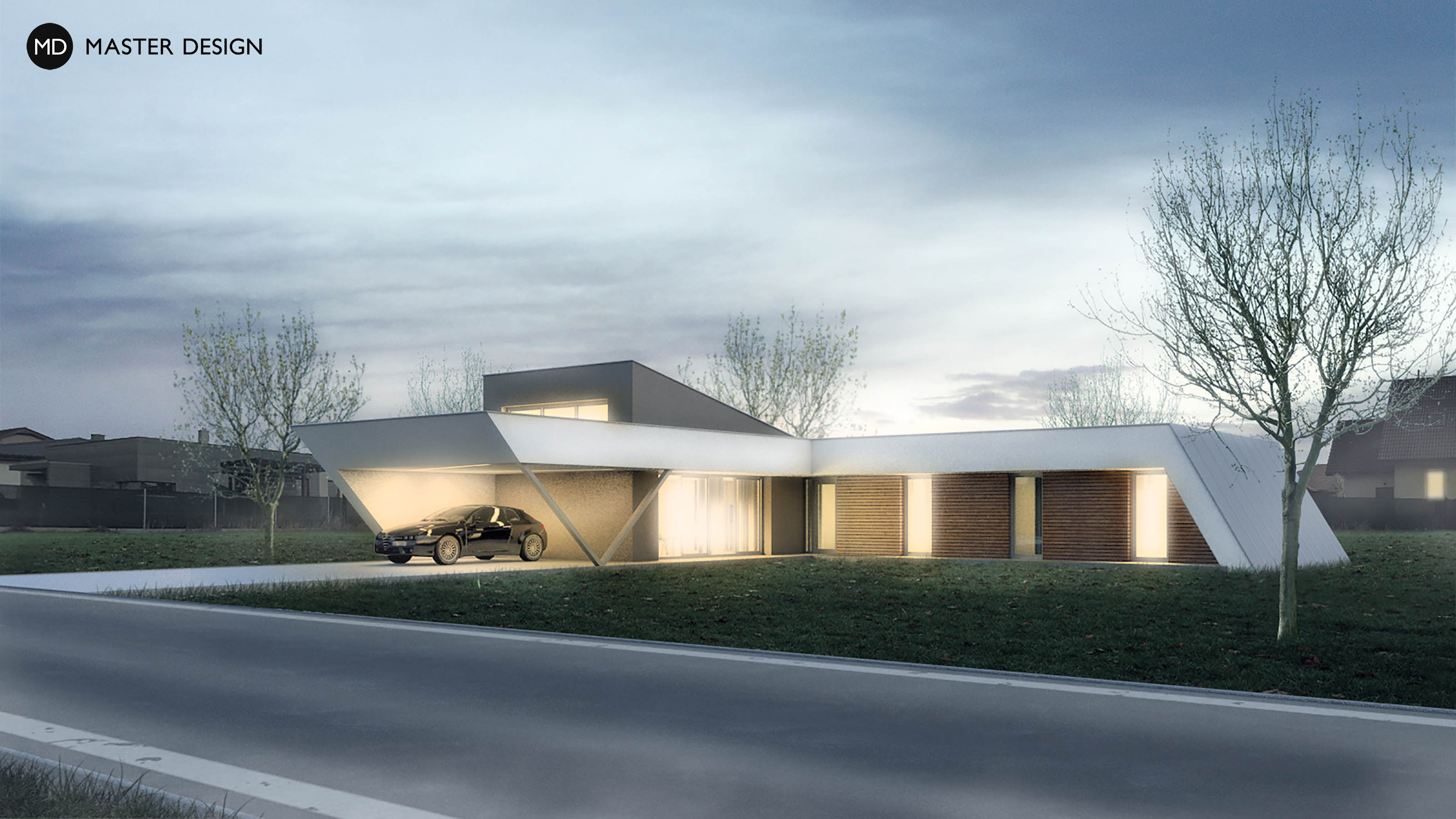 Vizualizace 1 - Elegantní přízemní bungalov do L s plochou střechou - Polanka nad Odrou