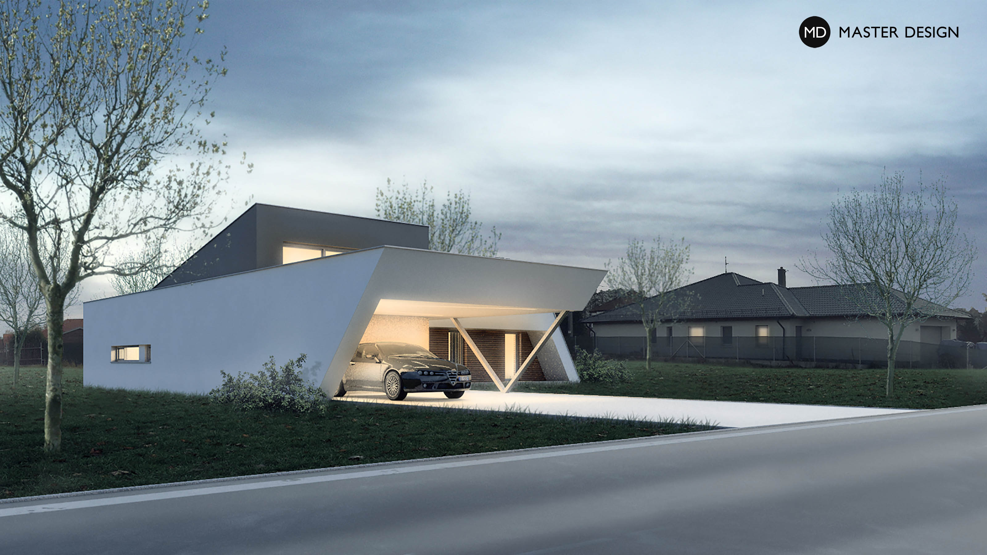Vizualizace 2 - Elegantní přízemní bungalov do L s plochou střechou - Polanka nad Odrou