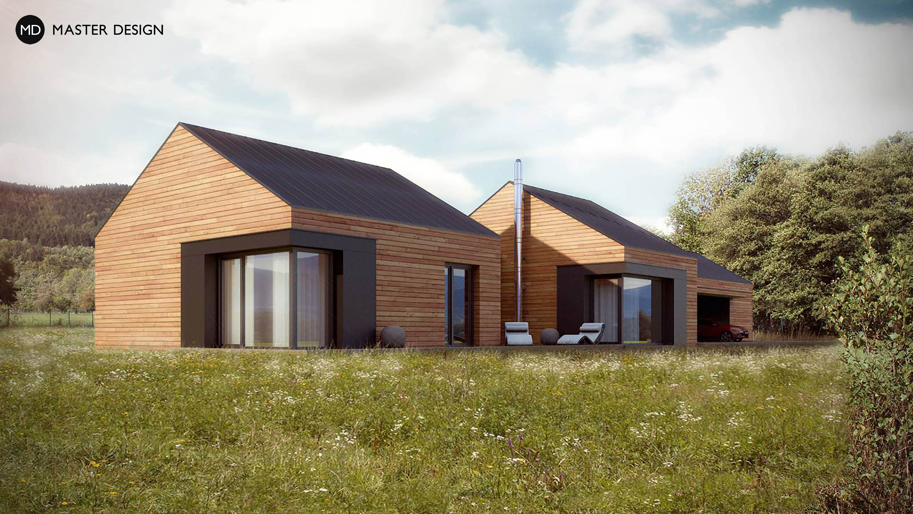 Vizualizace 1 - Moderní bungalov v horách s dřevěným obkladem - Pstruží