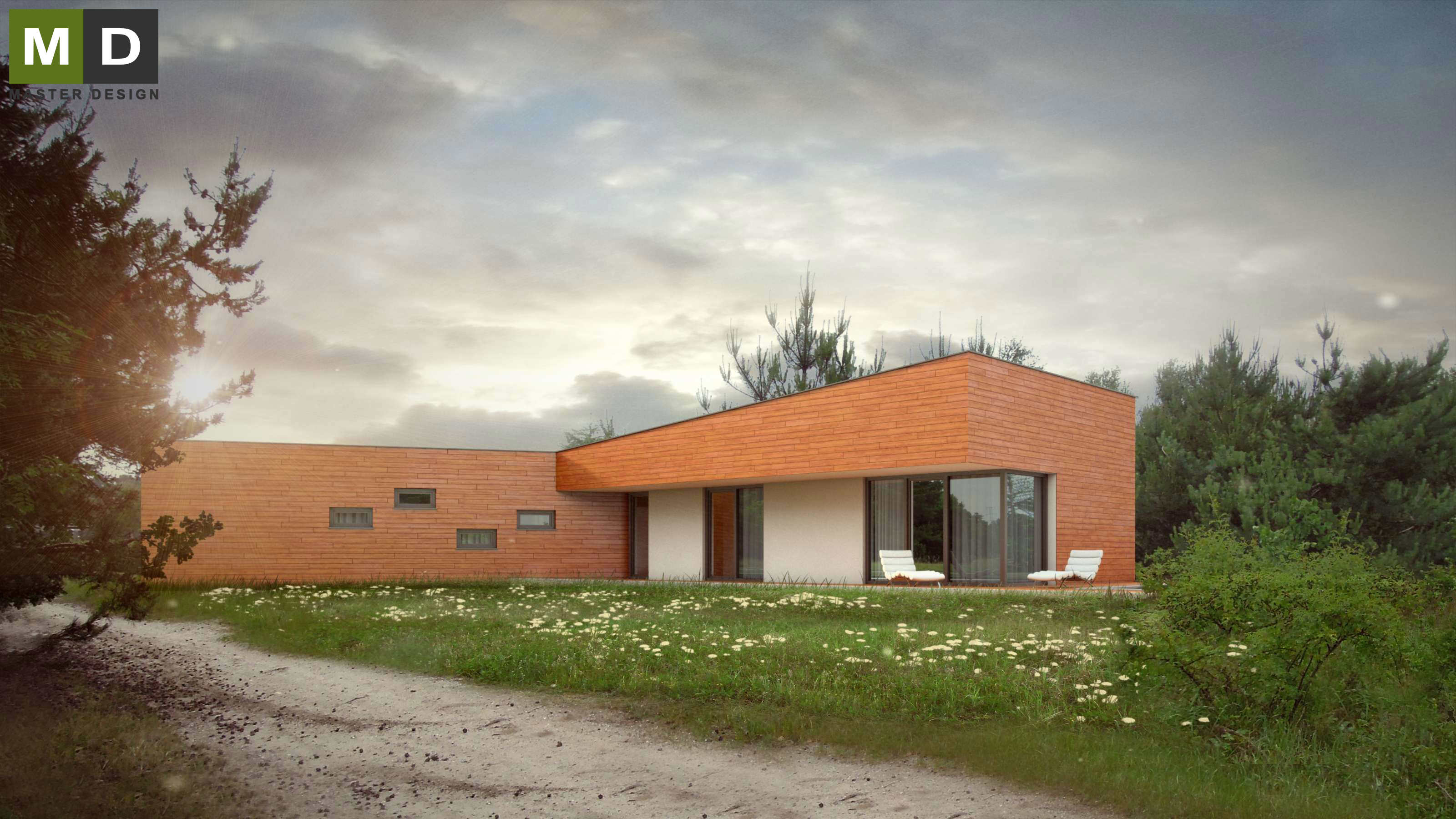 Vizualizace 1 - Přízemní moderní dům s plochou a pultovou střechou - Stará Boleslav
