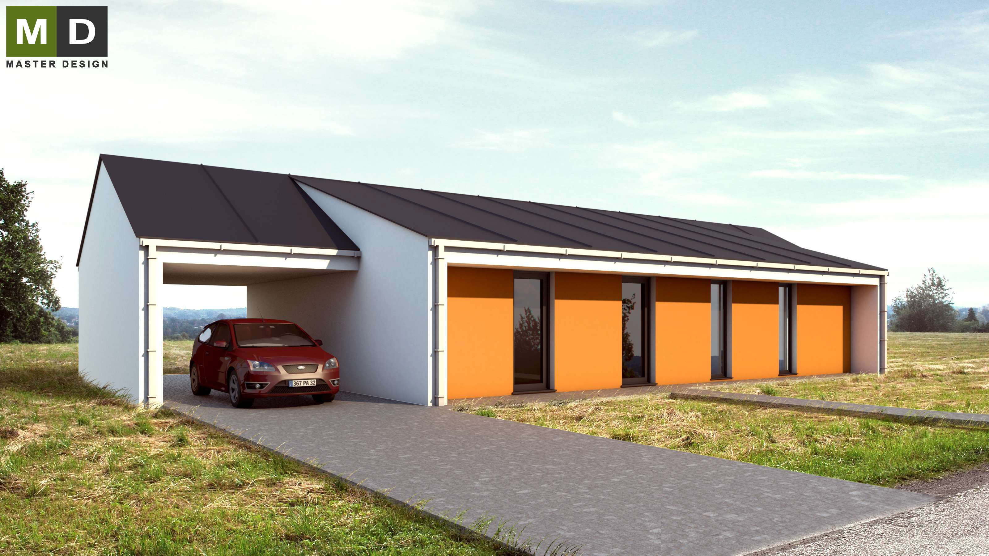 Vizualizace 2 - Pasivní přízemní dřevostavba se sedlovou střechou - Developerský projekt do Švýcarska Vizualizace 2 - Pasivní přízemní dřevostavba se sedlovou střechou - Developerský projekt do Švýcarska