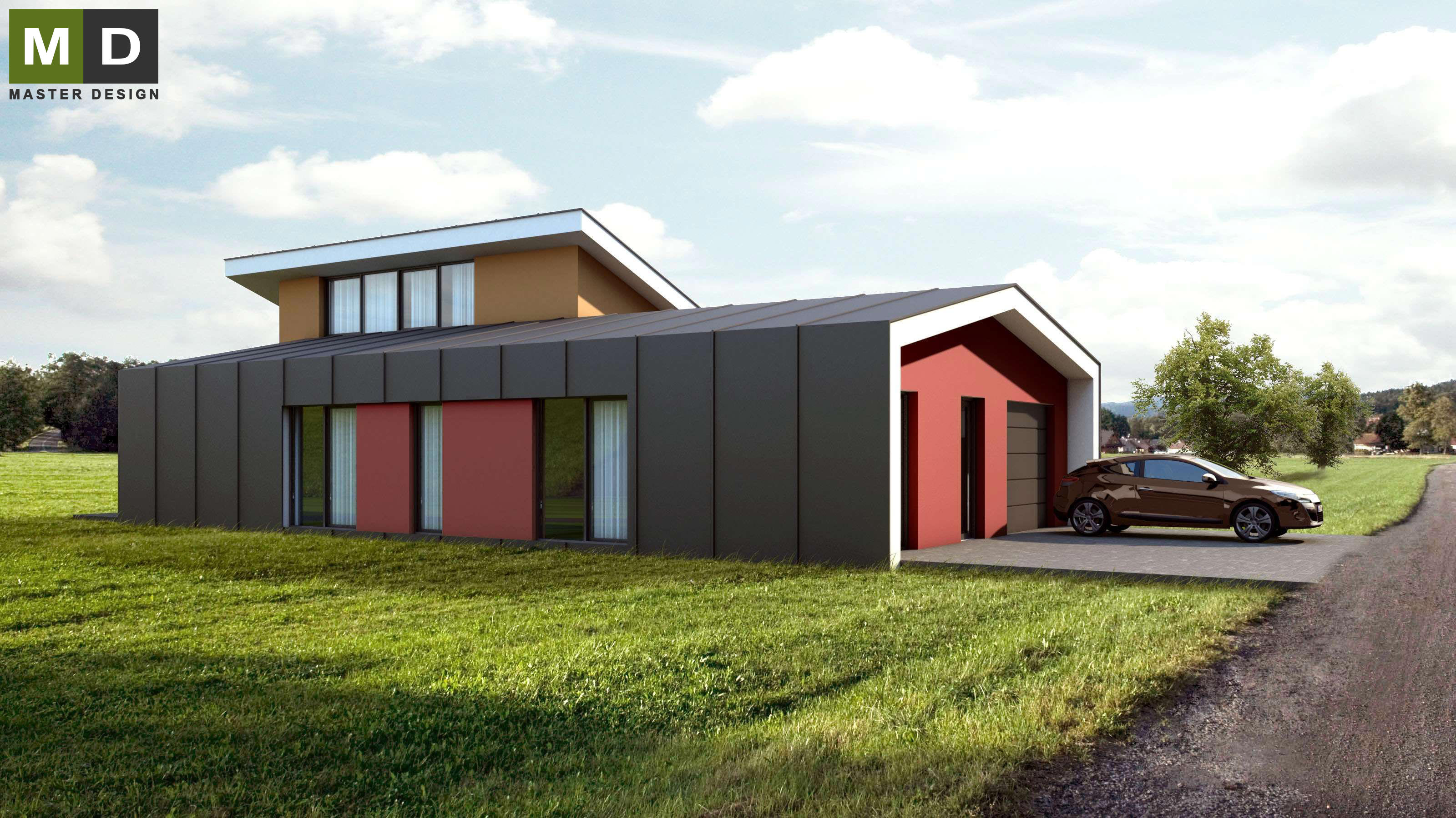 Vizualizace  - Pasivní bungalov jako dřevostavba s pultovou střechou a garáží - Švýcarsko