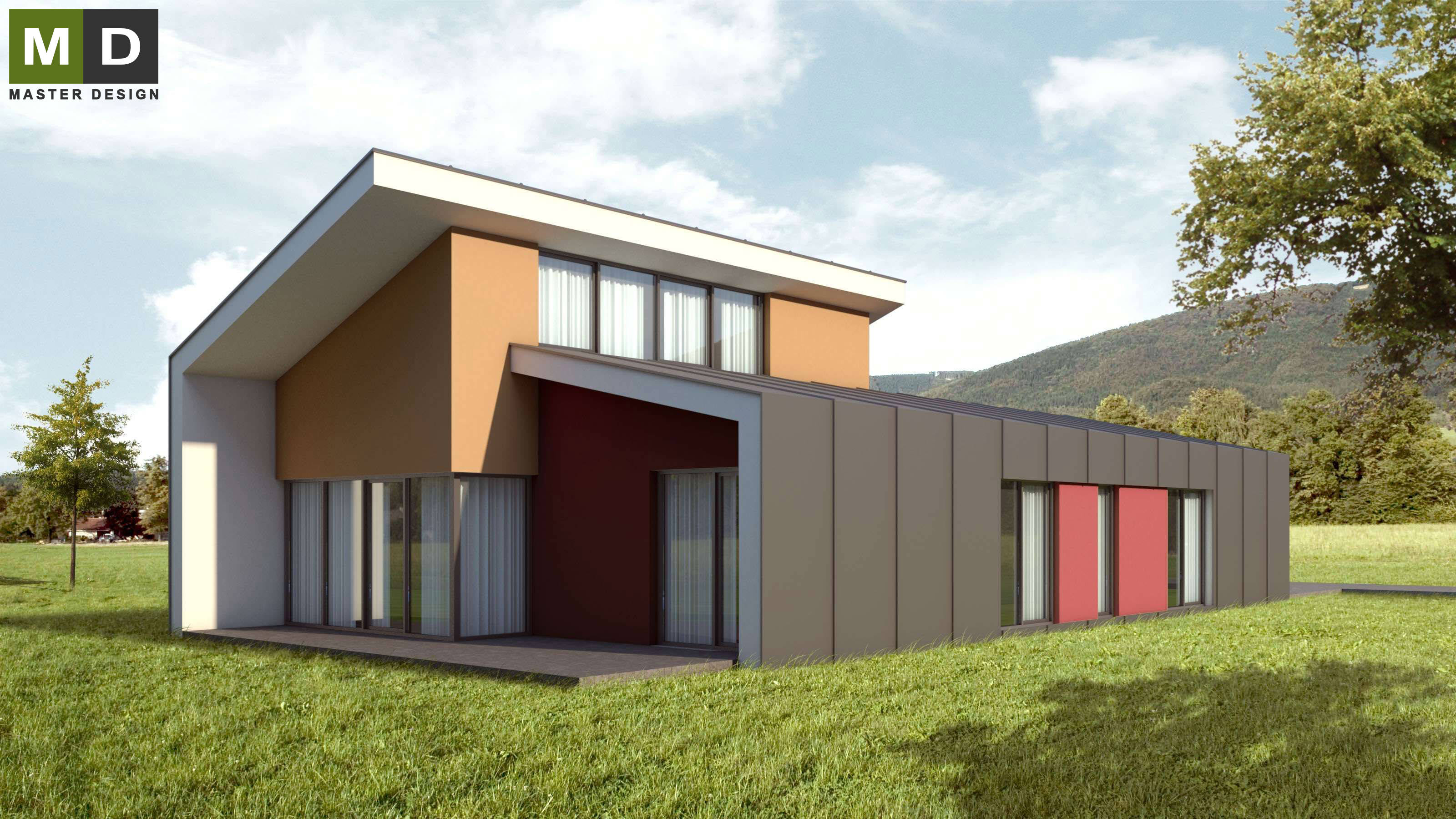 Vizualizace 2 - Pasivní bungalov jako dřevostavba s pultovou střechou a garáží - Švýcarsko