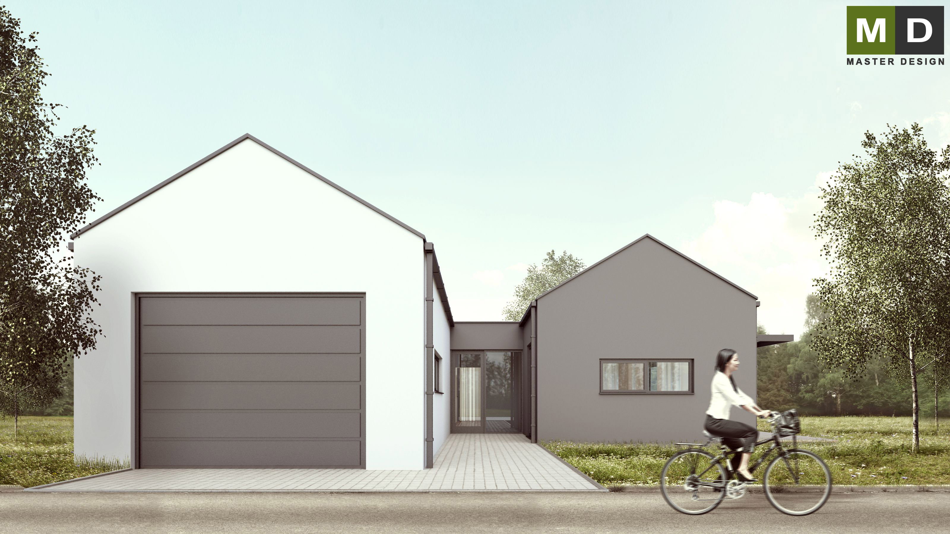 Vizualizace 1 - Ekonomický bungalov se sedlovými střechami a zimní zahradou - Tichá Vizualizace 1 - Ekonomický bungalov se sedlovými střechami a zimní zahradou - Tichá