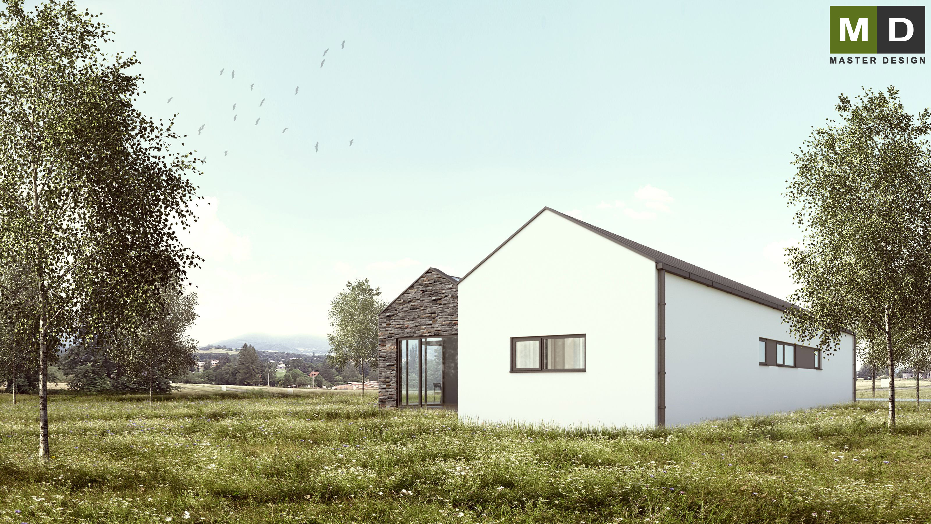 Vizualizace 3 - Ekonomický bungalov se sedlovými střechami a zimní zahradou - Tichá