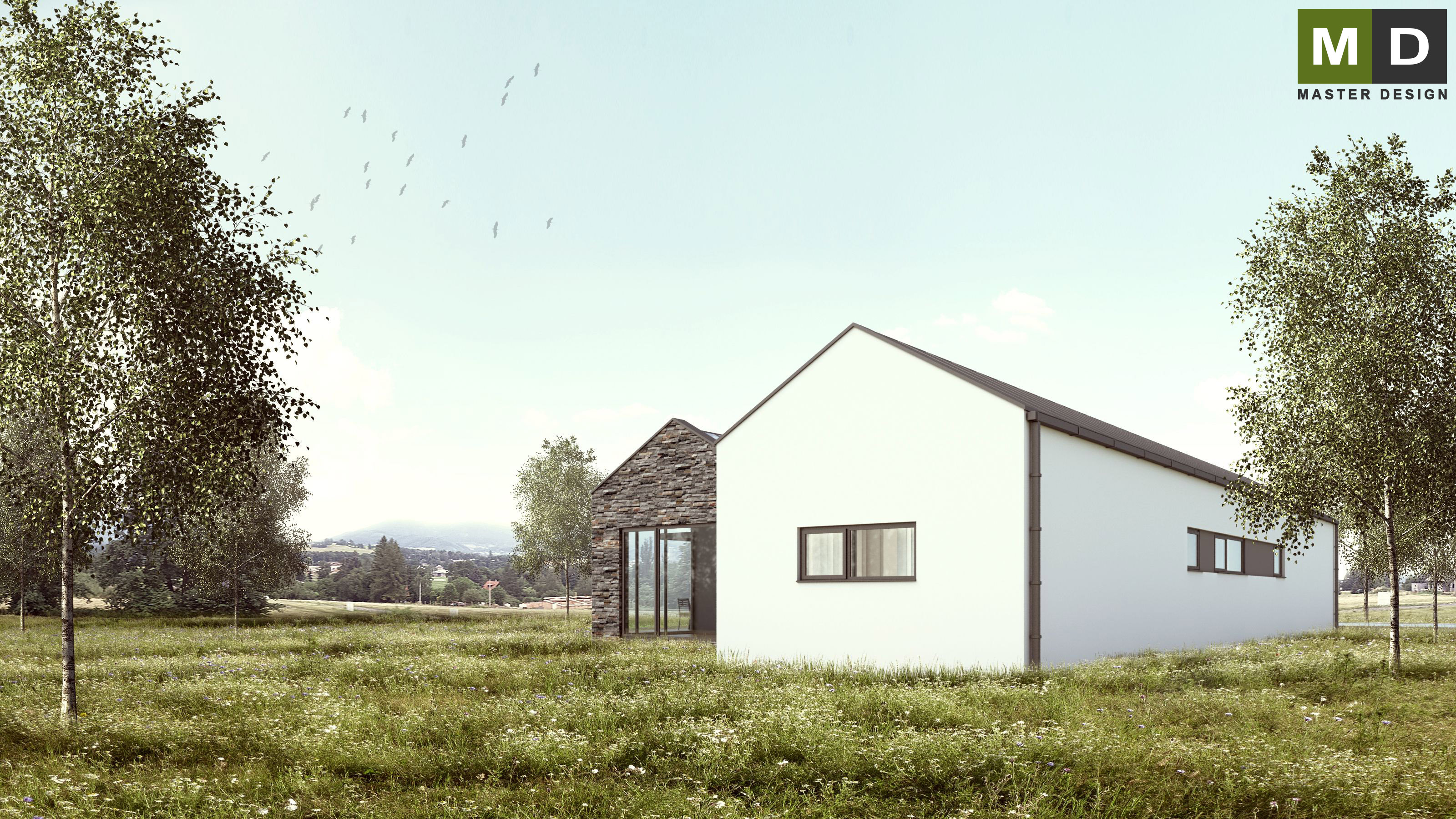 Vizualizace 3 - Ekonomický bungalov se sedlovými střechami a zimní zahradou - Tichá Vizualizace 3 - Ekonomický bungalov se sedlovými střechami a zimní zahradou - Tichá