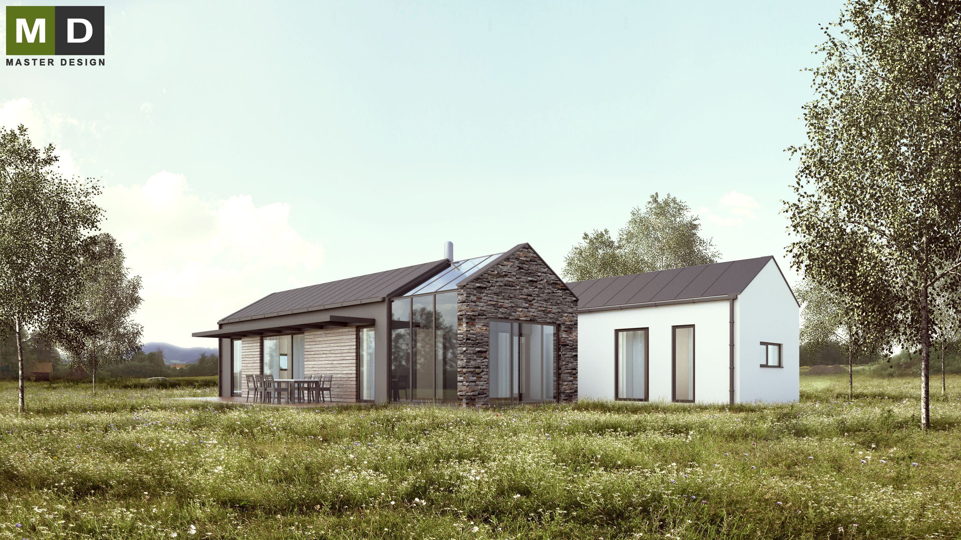 Vizualizace 4 - Ekonomický bungalov se sedlovými střechami a zimní zahradou - Tichá Vizualizace 4 - Ekonomický bungalov se sedlovými střechami a zimní zahradou - Tichá