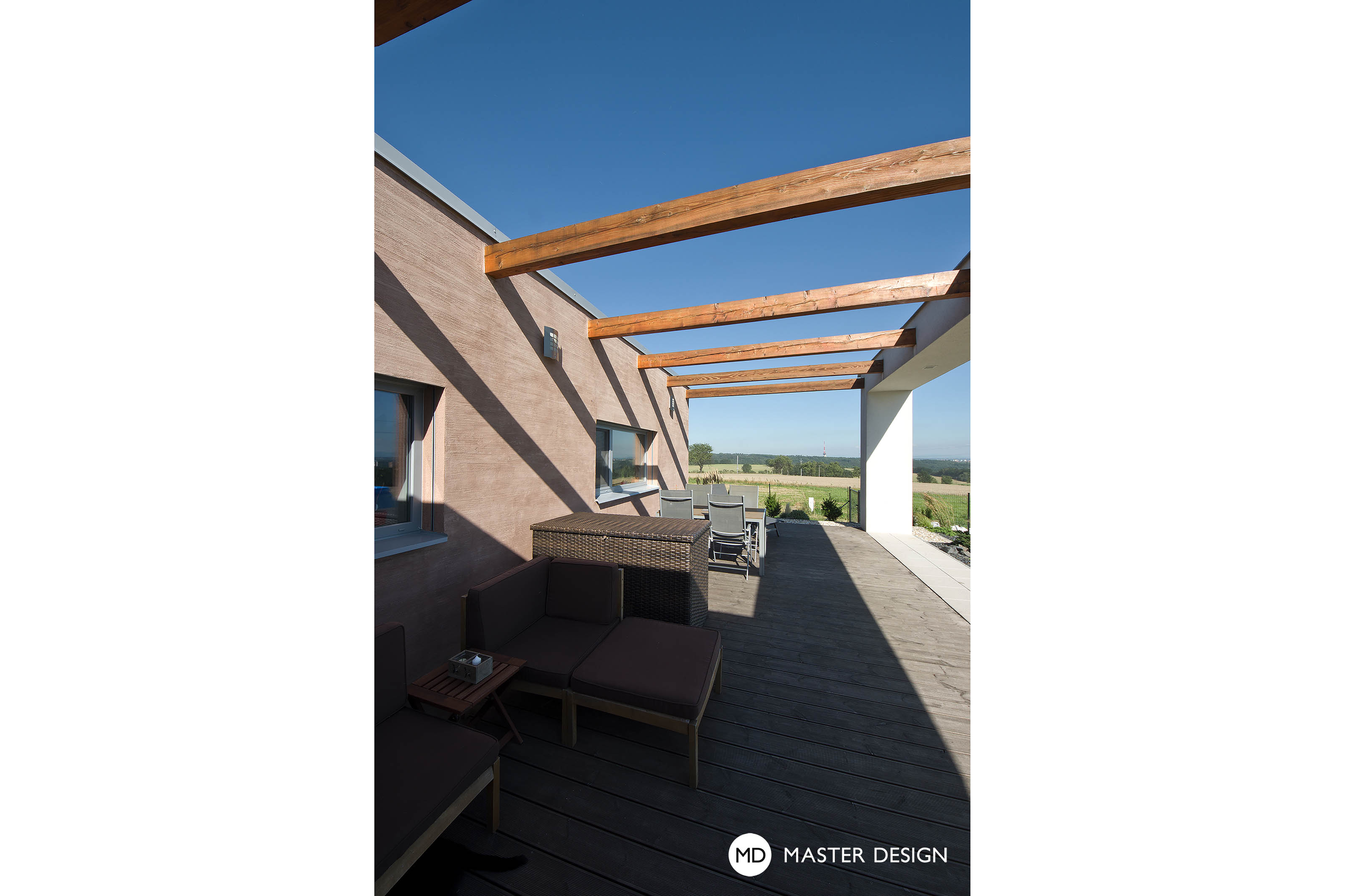 atypický bungalov s velkou terasou, krytým stáním a zastřešením s kombinací ploché a pultové střechy - Děhylov - Vizualizace 4