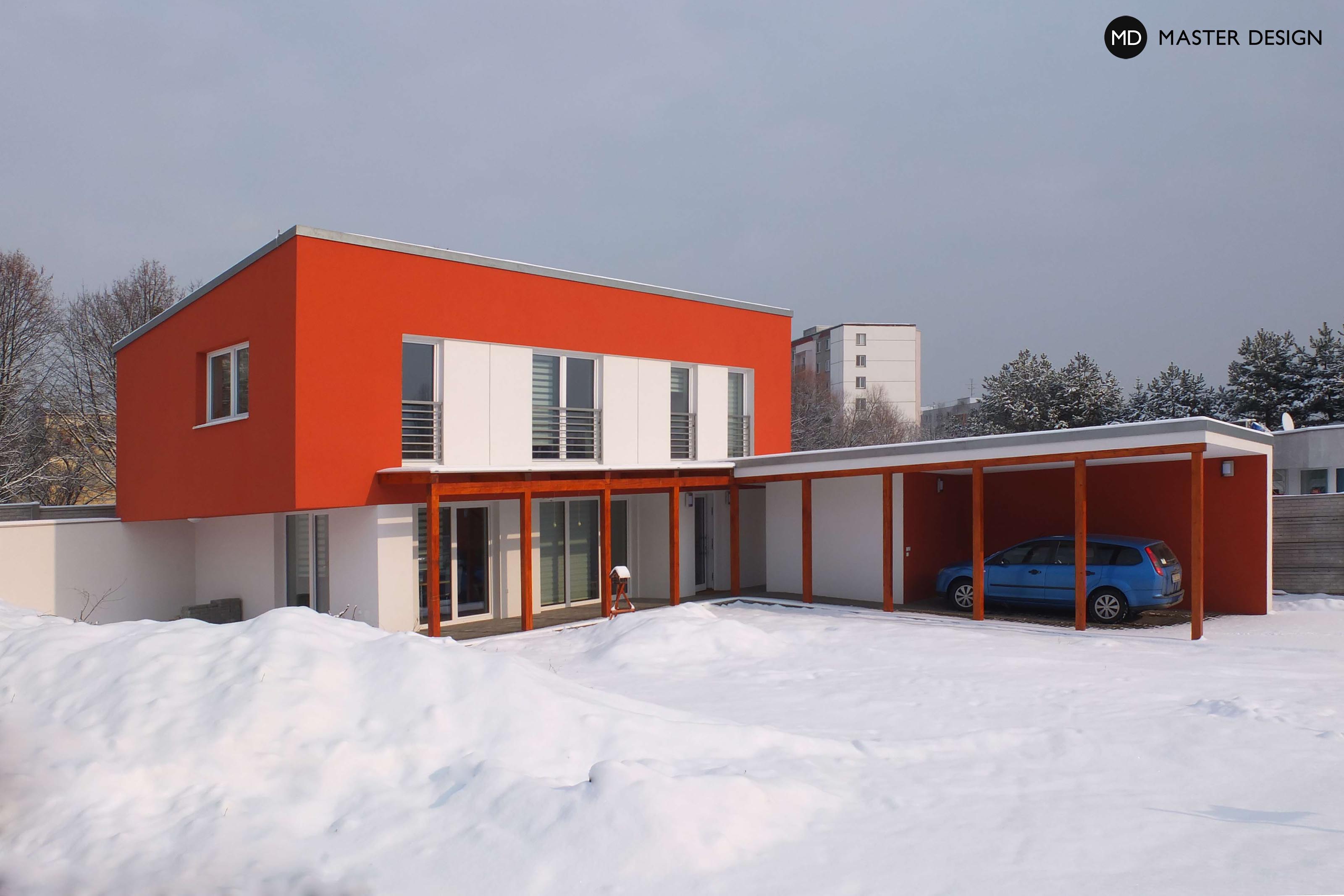 Červený dům s pultovou střechou a krytým stáním - Ostrava Pustkovec - Vizualizace 1
