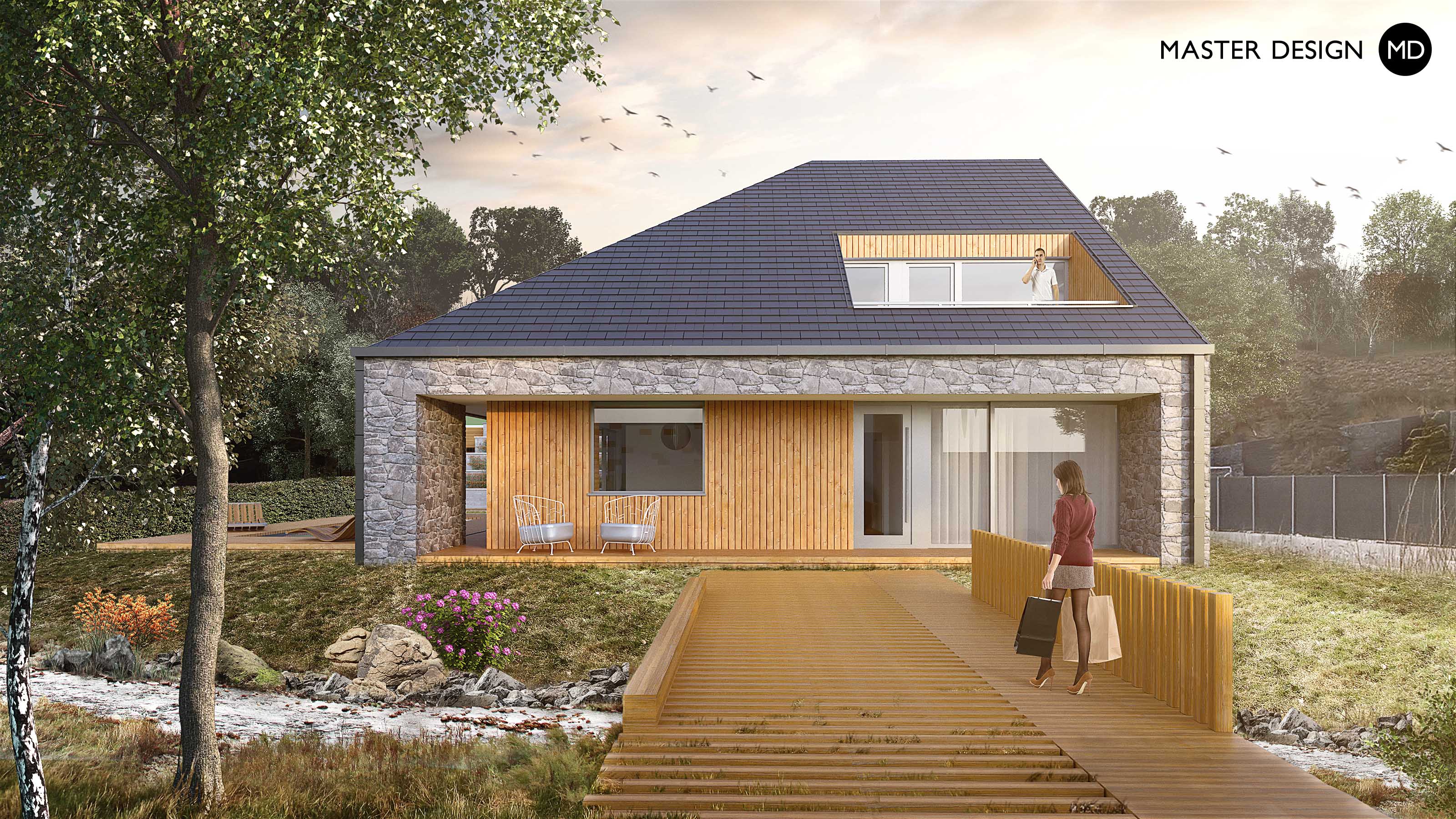 Kompaktní dům pro moderní ženu stojící u potoka s dřevěným mostem a valbovou střechou - Hrusice - Vizualizace 1