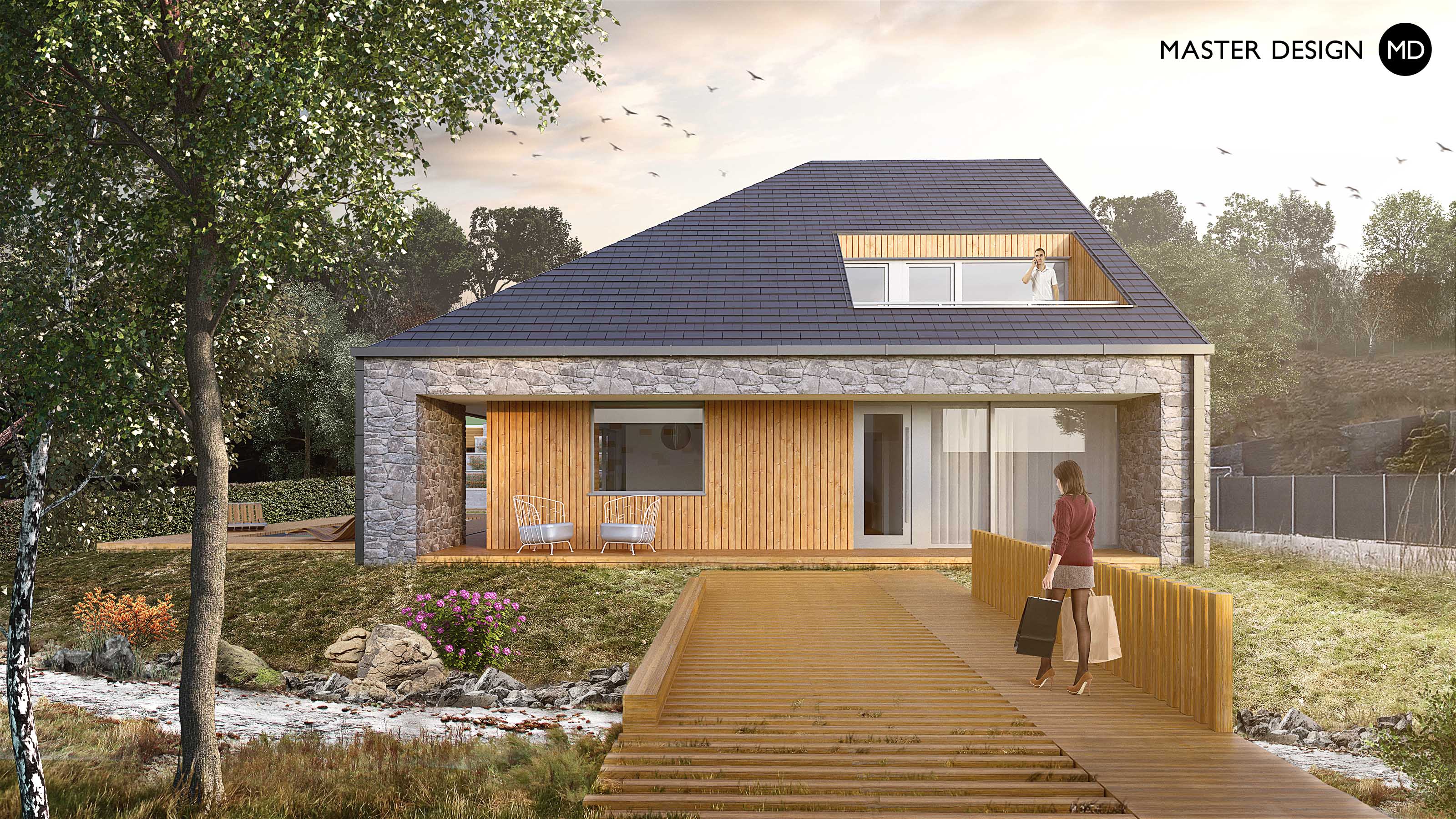 Compact house for modern woman standing next to the stream wit wooden bridge and pitched roof - Vizualizace 1