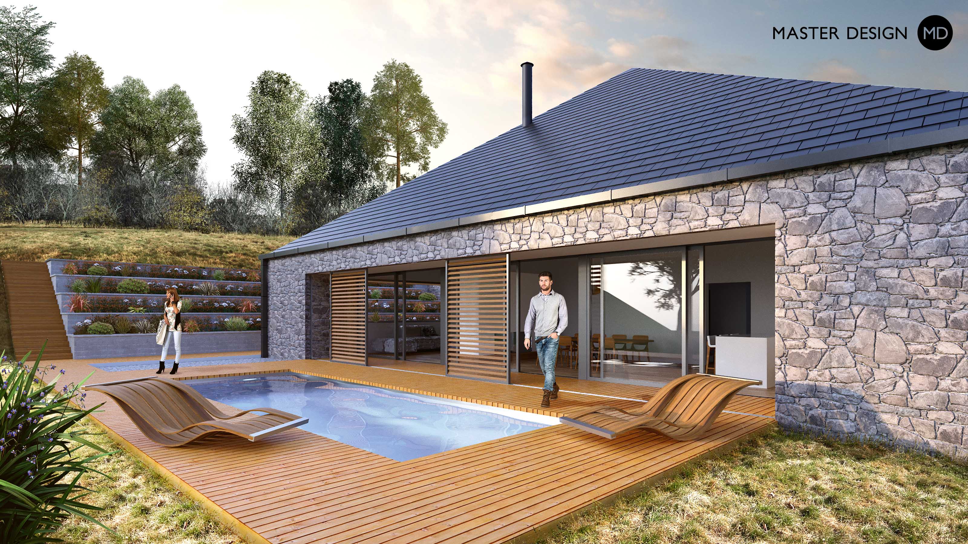 Compact house for modern woman standing next to the stream wit wooden bridge and pitched roof - Vizualizace 2