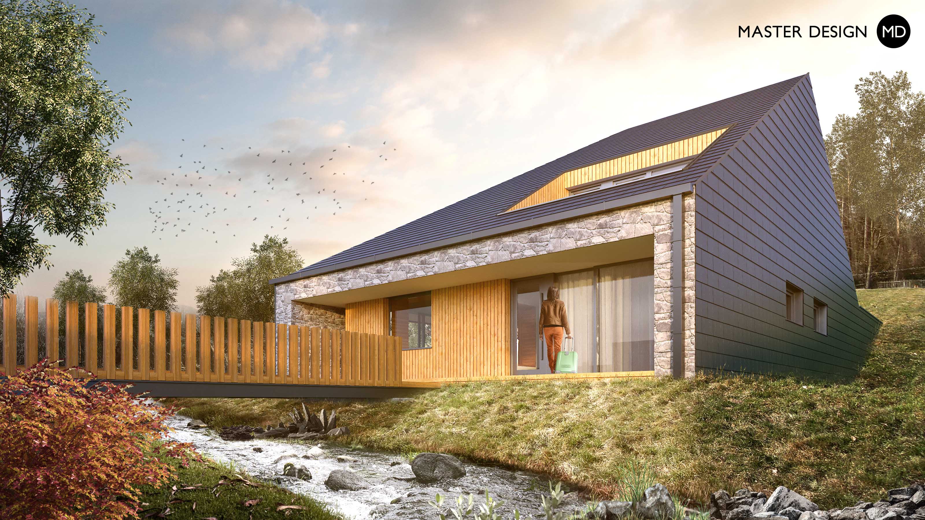 Kompaktní dům pro moderní ženu stojící u potoka s dřevěným mostem a valbovou střechou - Hrusice - Vizualizace 3