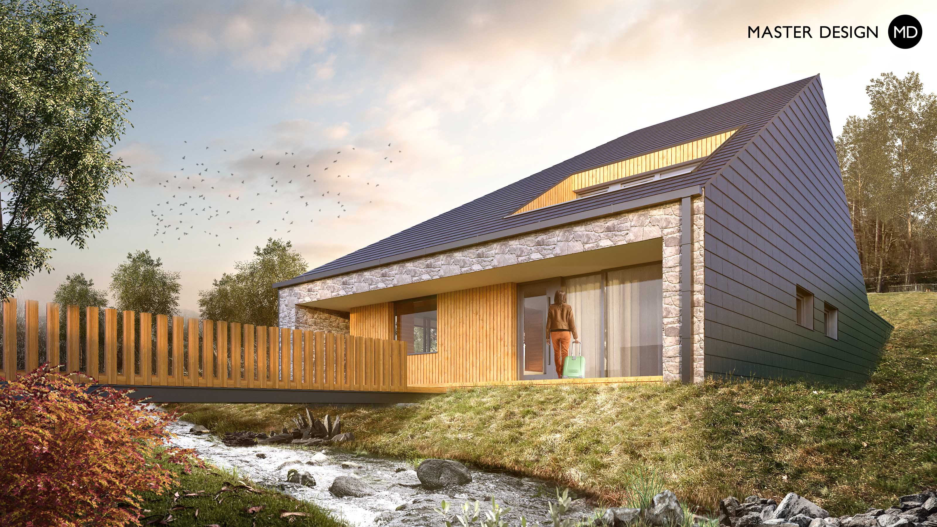 Compact house for modern woman standing next to the stream wit wooden bridge and pitched roof - Vizualizace 3