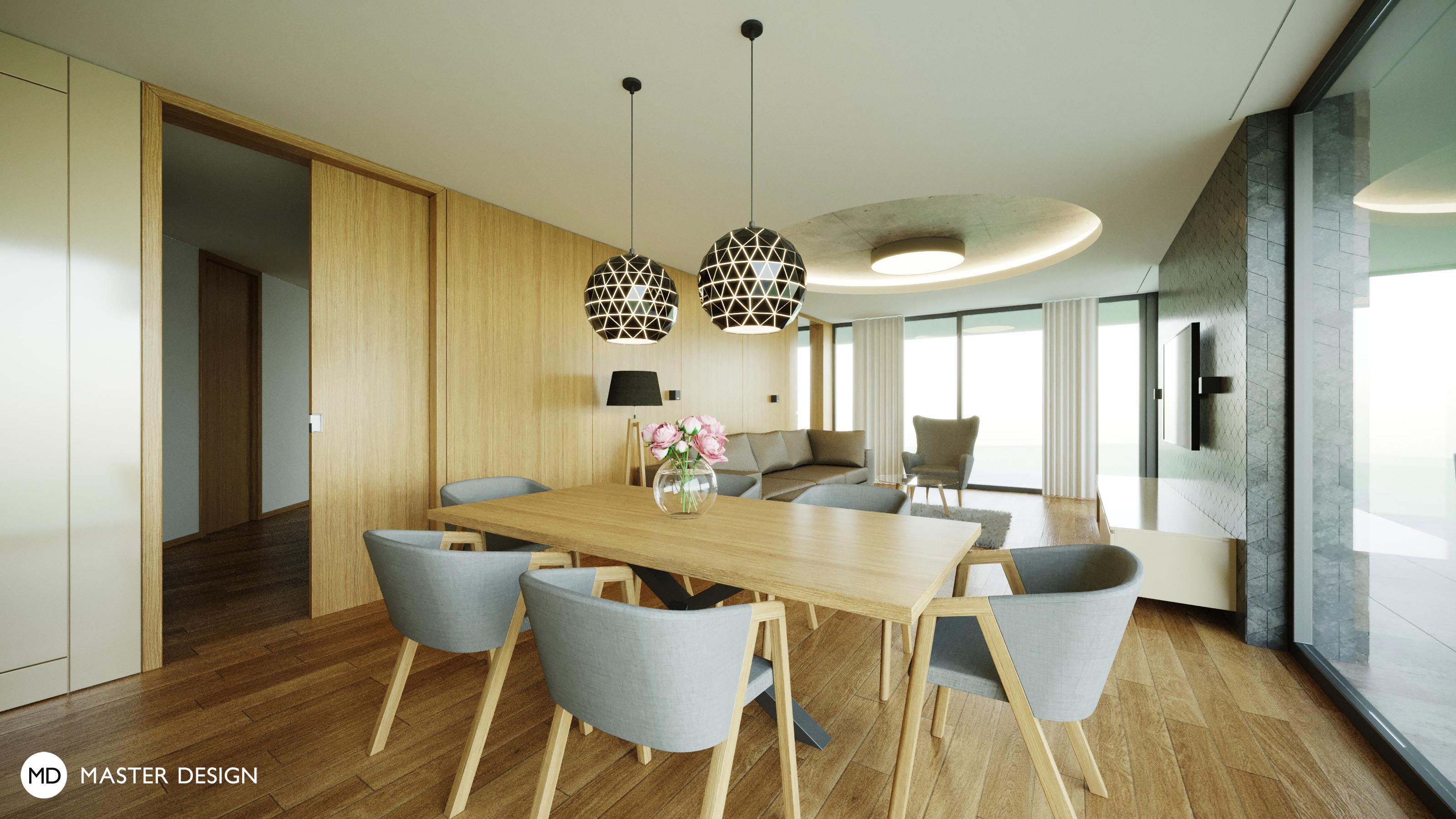 Interiér s dřevěnou stěnou obývacího pokoje a mozaikou v kuchyňské lince pro rodinný dům - Turnov - Vizualizace 3