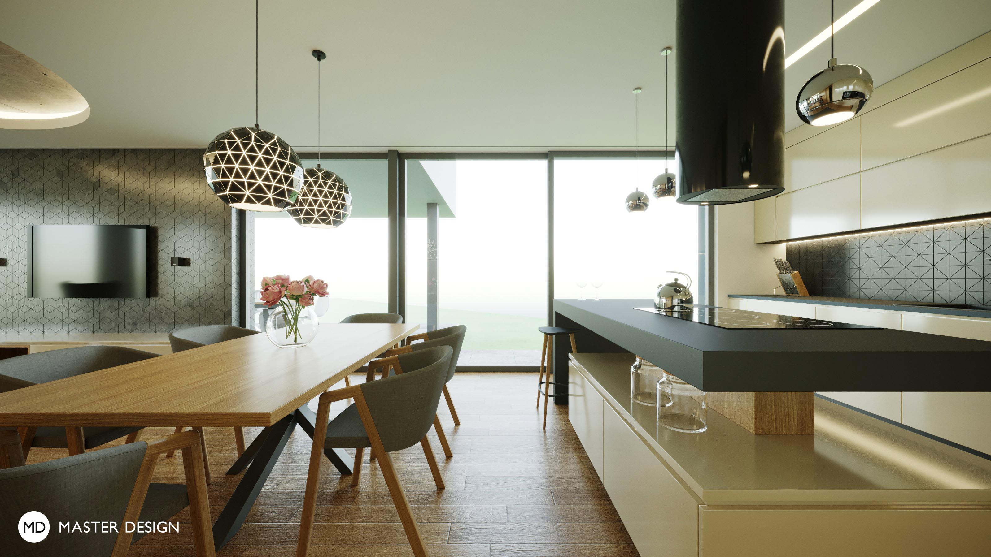 Interiér s dřevěnou stěnou obývacího pokoje a mozaikou v kuchyňské lince pro rodinný dům - Turnov - Vizualizace 6