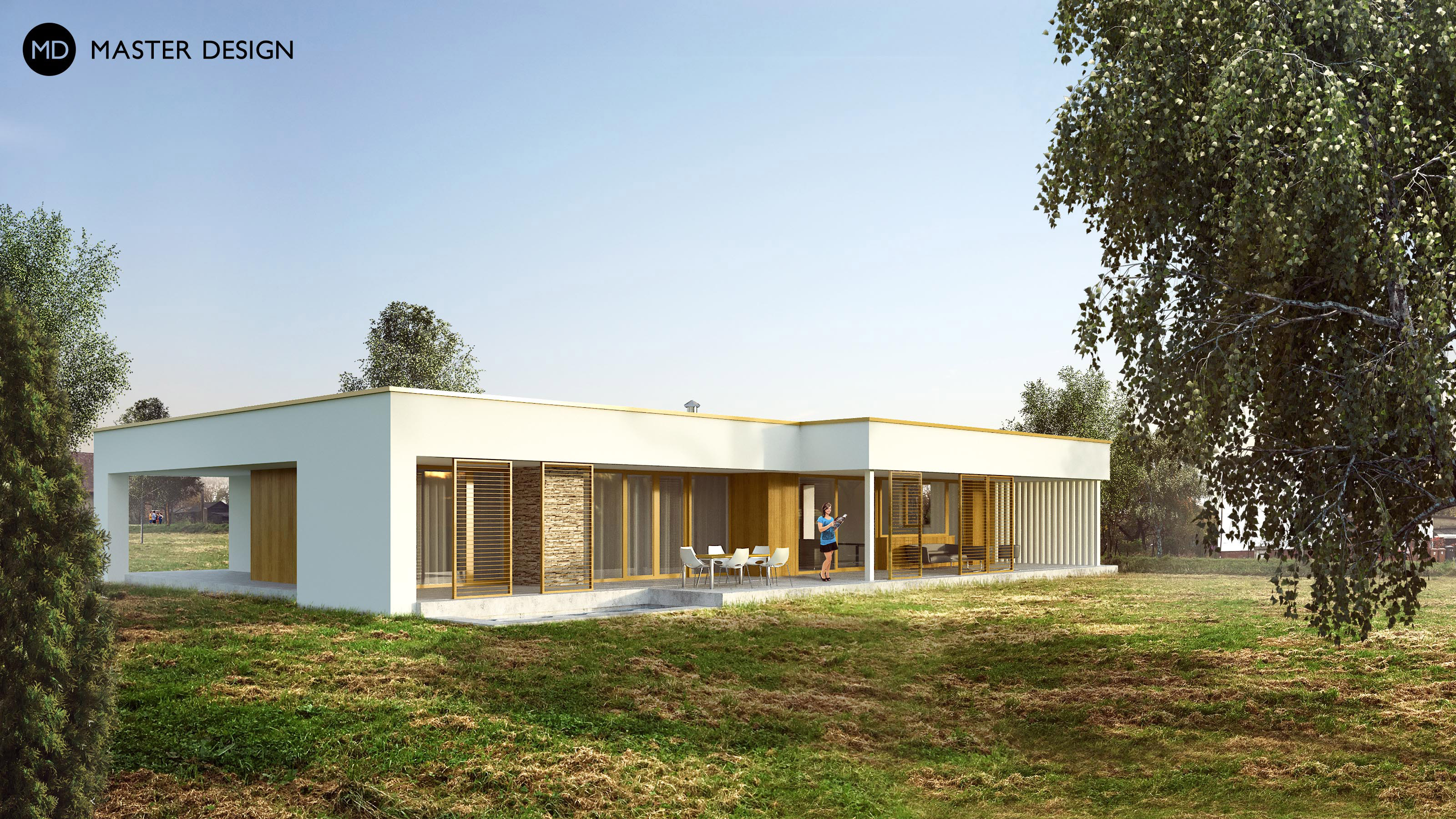 Jednoduchý bungalov se zastřešenou terasou okolo celého domu - Lyžbice - Vizualizace 1