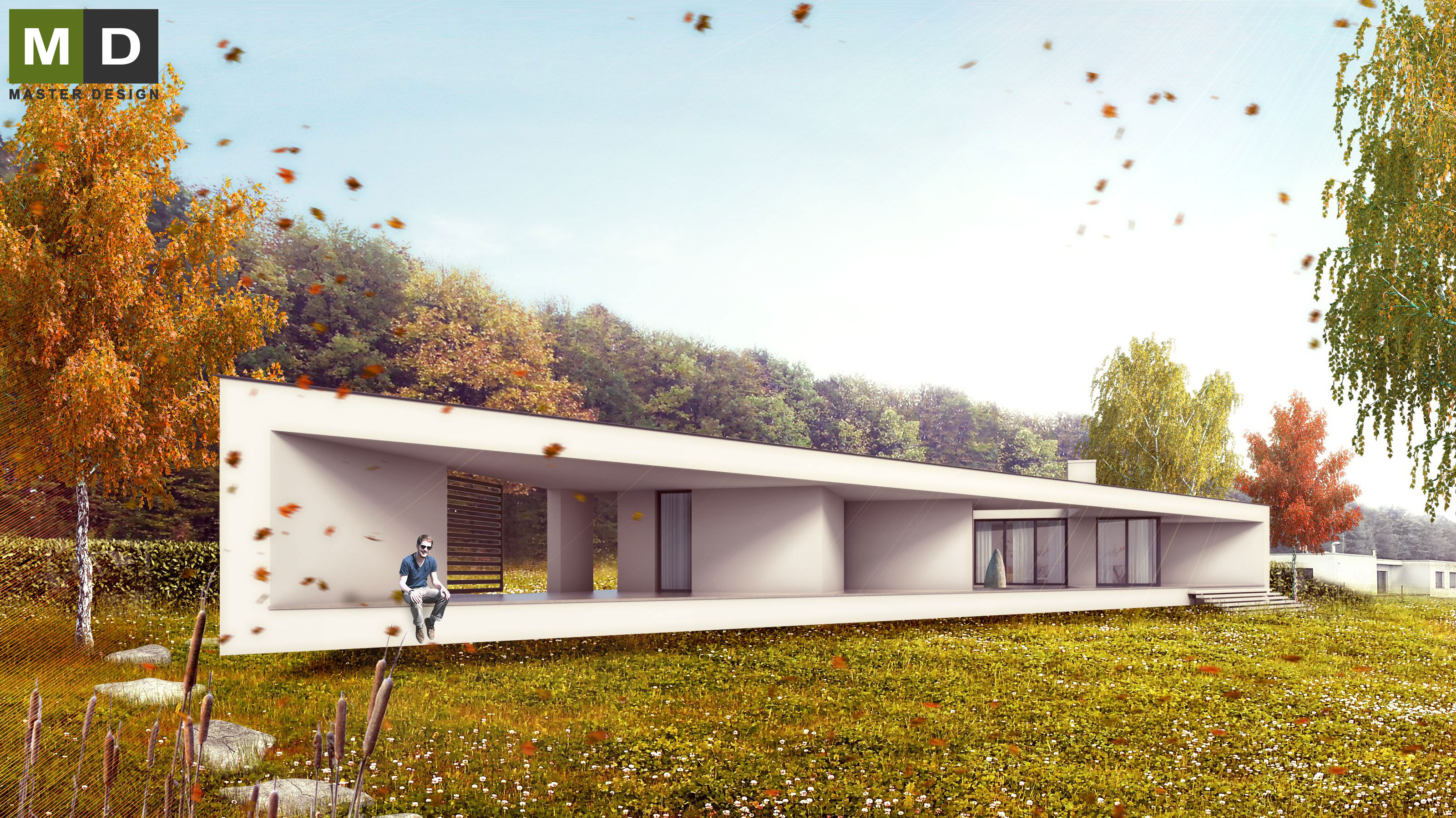 Přízemní bílý bungalov ve tvaru trojúhelníku - Šenov - Vizualizace 1