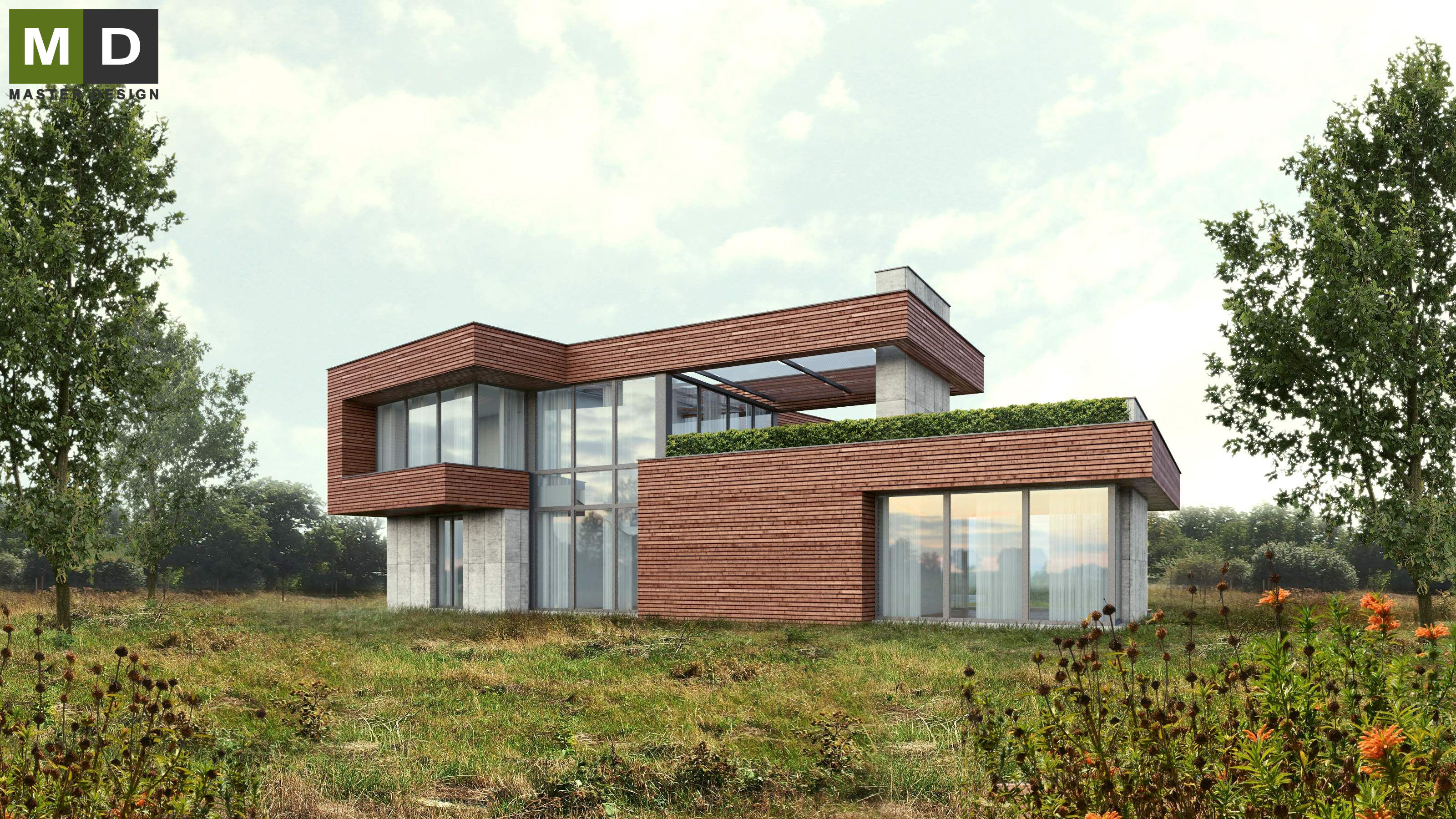 Luxury L-shaped house with wood paneling and exposed concrete - Máslovice u Prahy - Vizualizace 2
