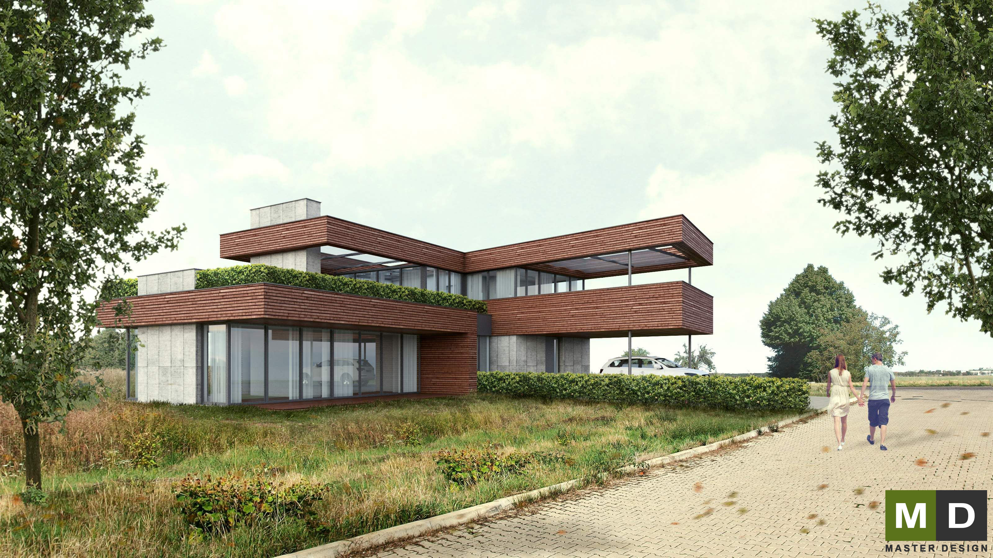 Luxury L-shaped house with wood paneling and exposed concrete - Máslovice u Prahy - Vizualizace 3