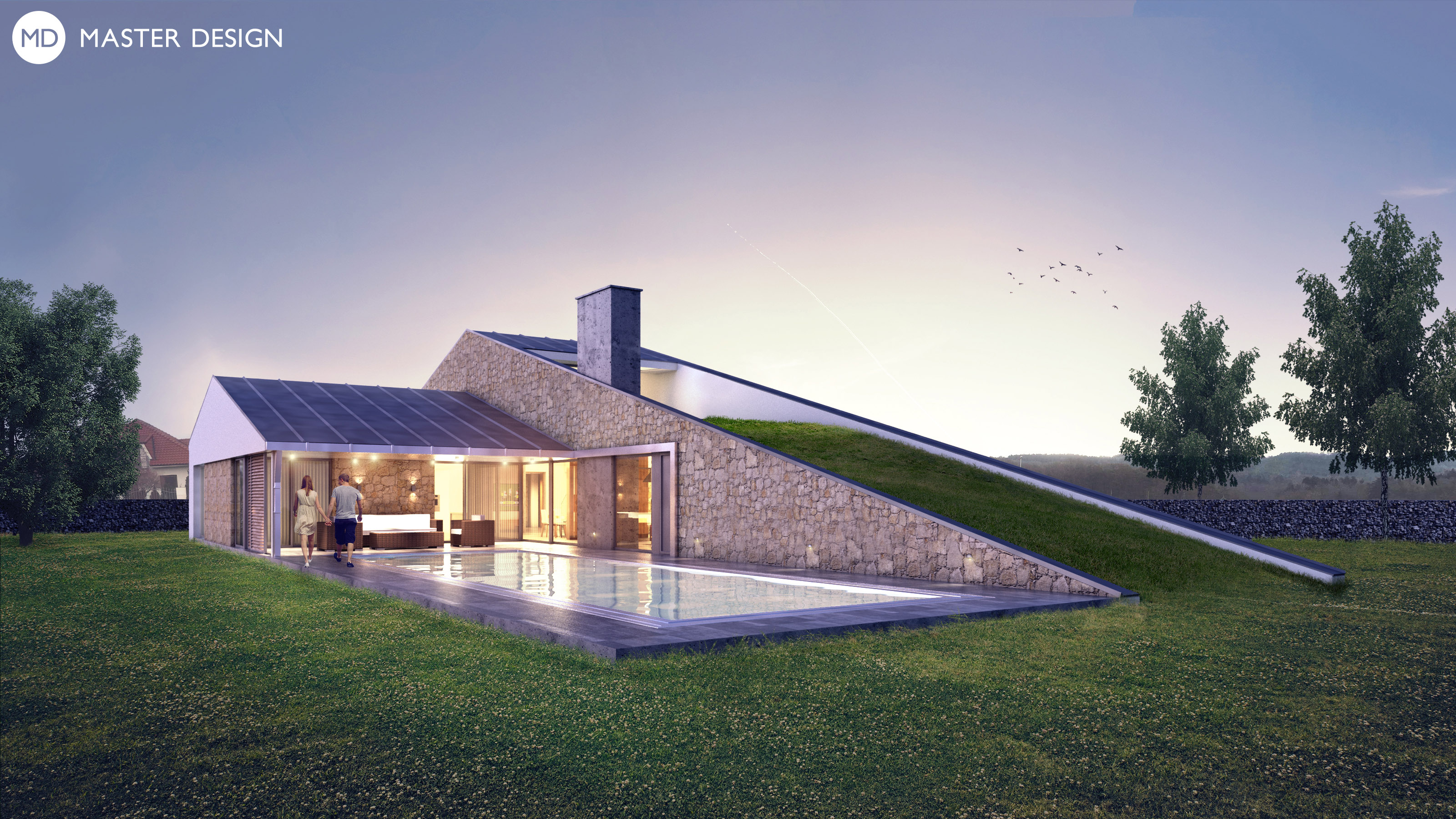 Luxusní dům ve tvaru sedlových střech a zelenou střešní terasou - Dobříš - Vizualizace 1
