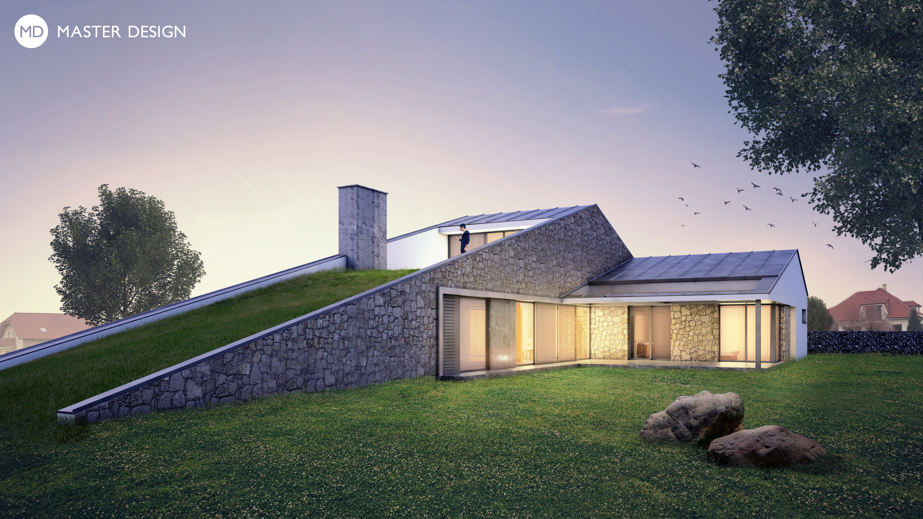 Luxusní dům ve tvaru sedlových střech a zelenou střešní terasou - Dobříš - Vizualizace 4