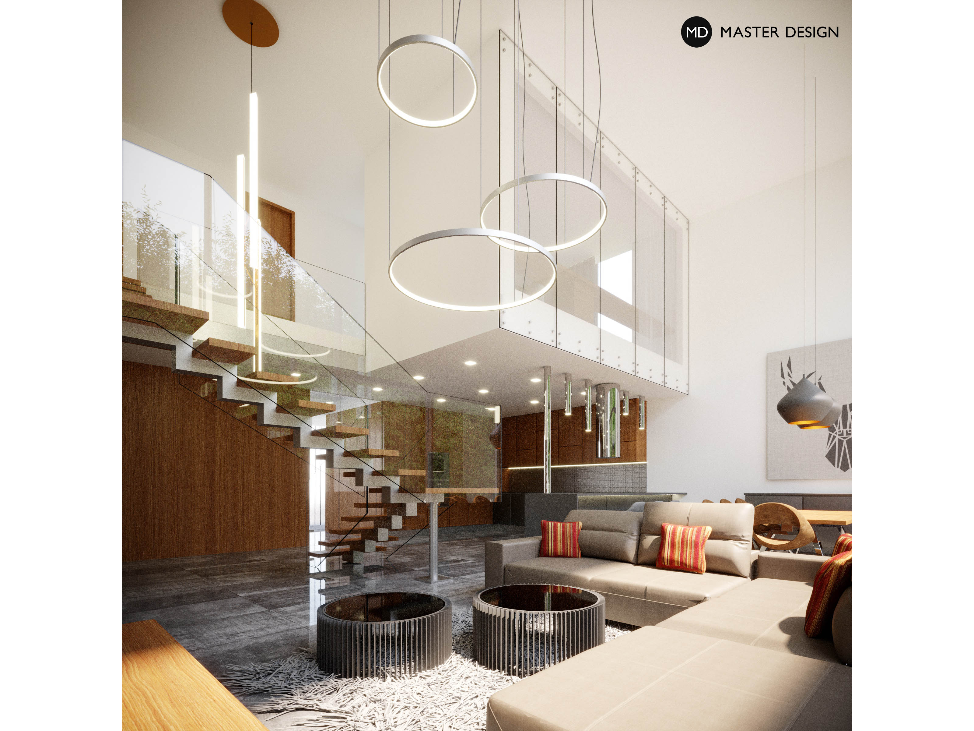 Luxusní obývací pokoj s patrovou galerií - Developer ze Švýcarska - Vizualizace 1