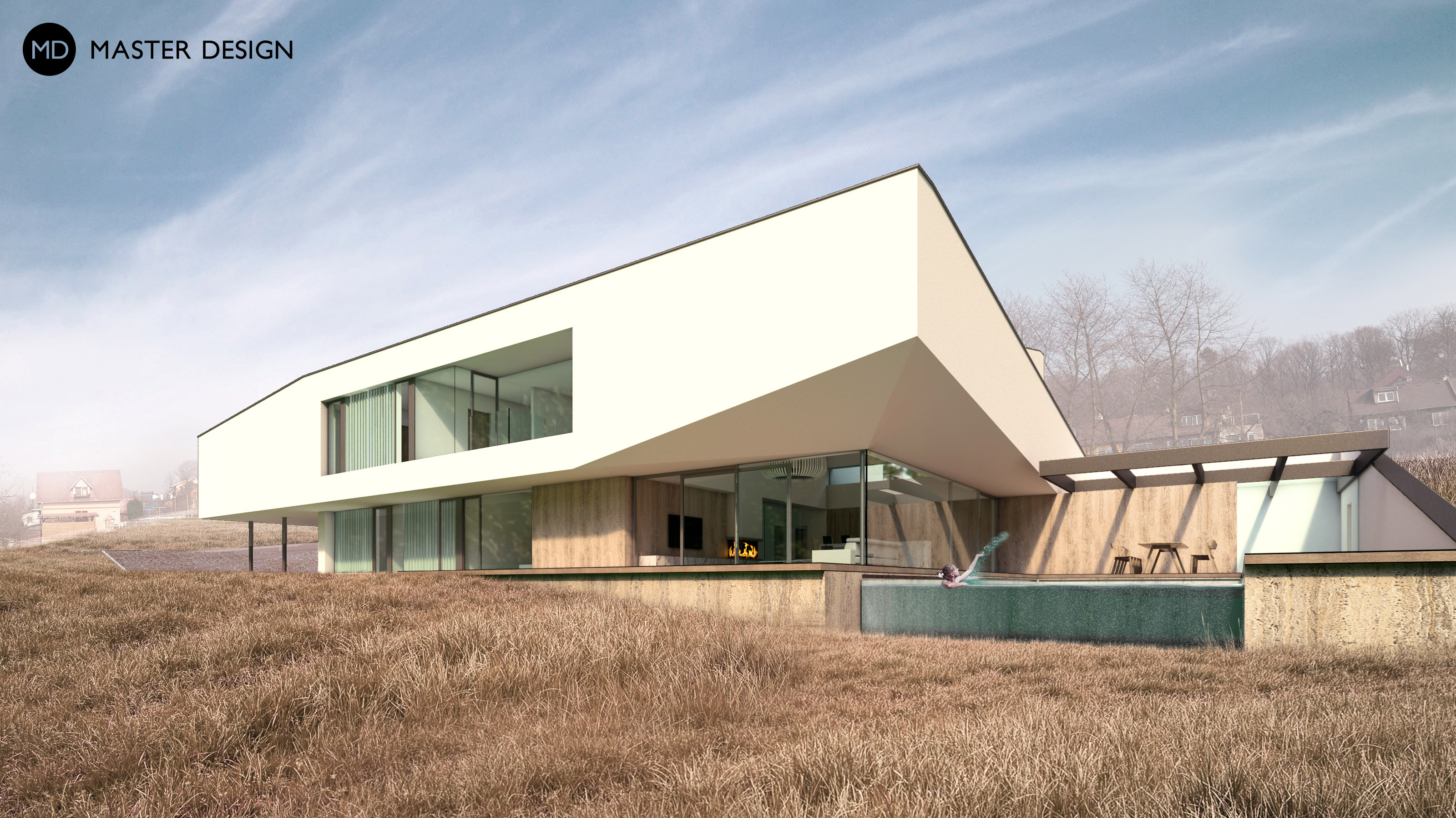 Luxusní betonová vila zaklíněná ve svahu s bezrámovými okny a nerezovým bazénem - Šternberk - Vizualizace 1