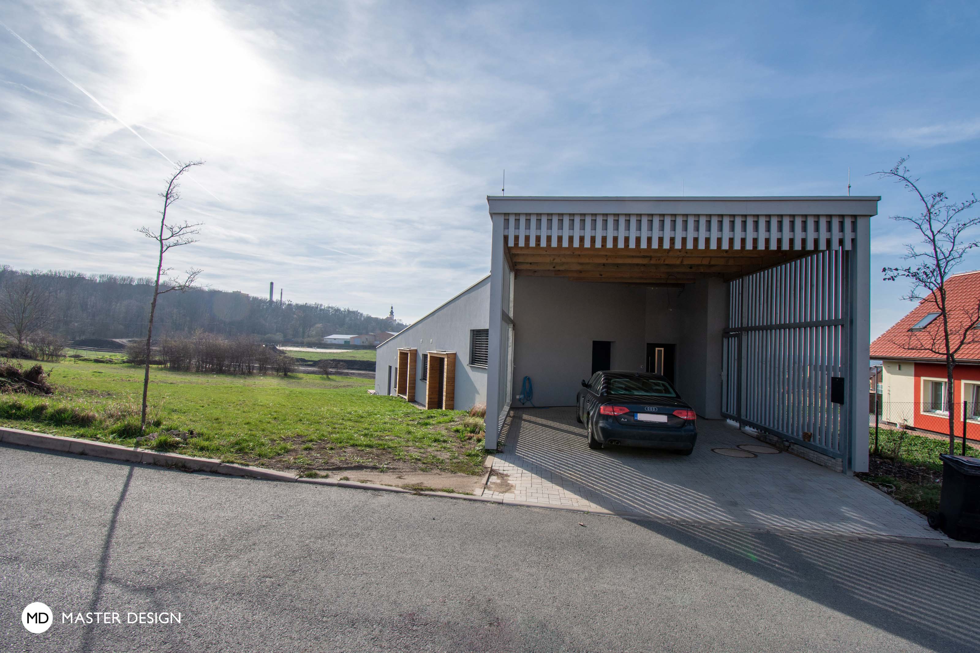 Moderní bungalov ve svahu s pultovou střechou a zastřešenou terasou pro mladou rodinu - Odolená Voda - Vizualizace 11