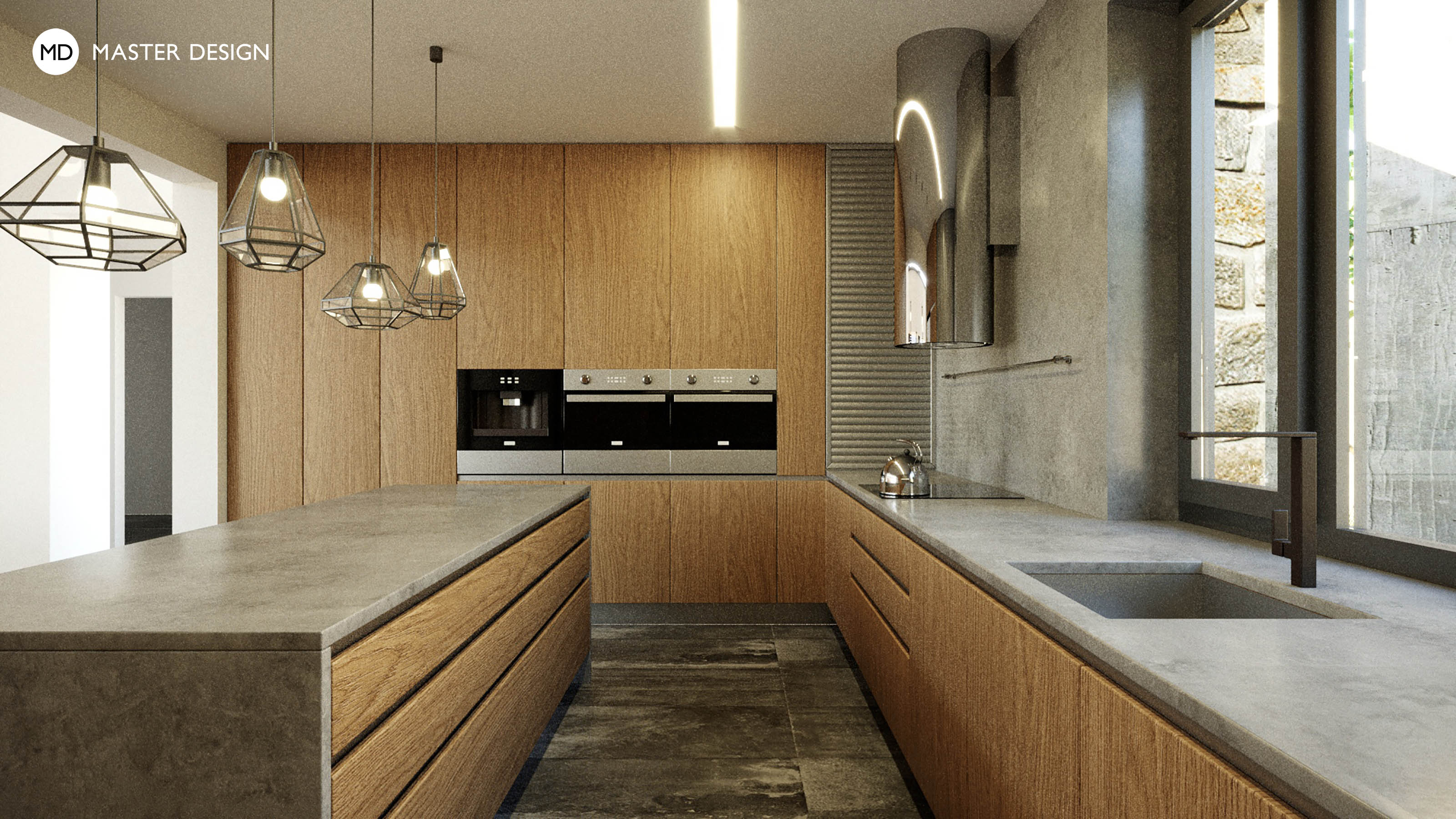 Návrh kuchyně z dubové dýhy v luxusním domě - Nový Jičín - Vizualizace 1